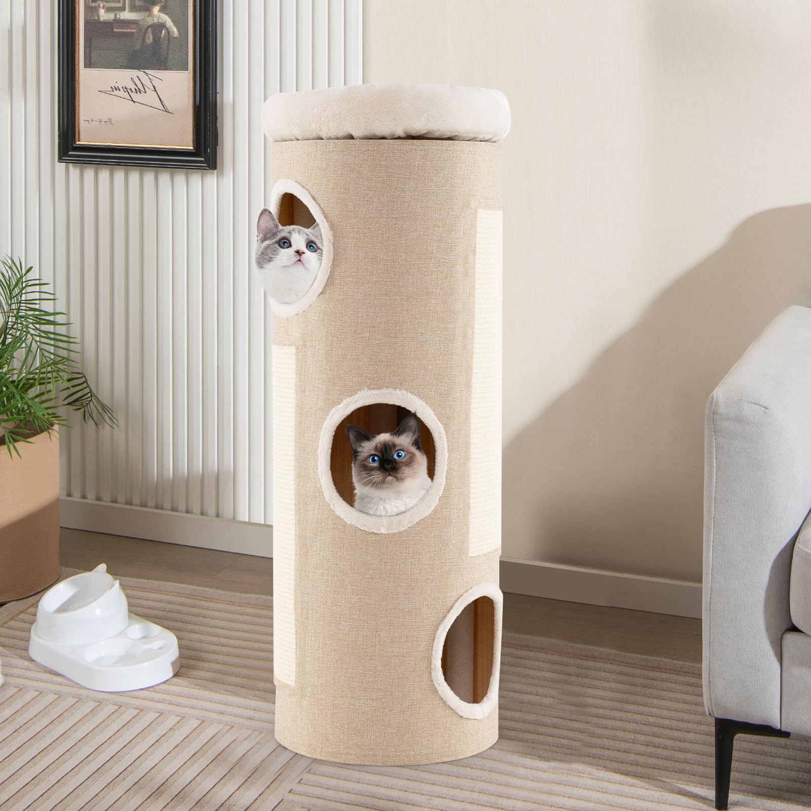 SOARS Barril rascador para gatos XXL, 113 cm, con 3 cuevas y cama de peluche extraíble, árbol rascador, torre para gatos, diámetro de 39 cm (beige)