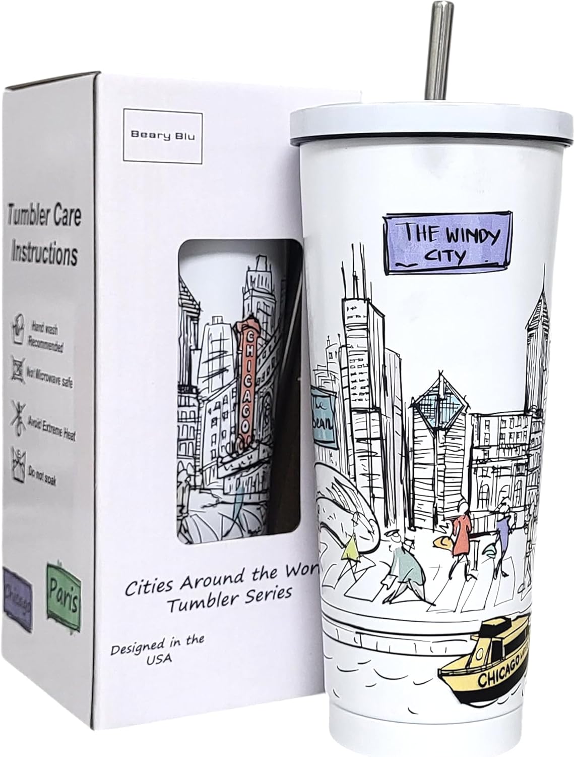Beary Blu Cities Around the World 25 Oz Tumbler Series - Designed in the USA - Vacuum Insulated Tumbler with Lids & Straw - Stainless Steel Coffee Water Travel Mug, for Hot Cold Drink (Chicago)