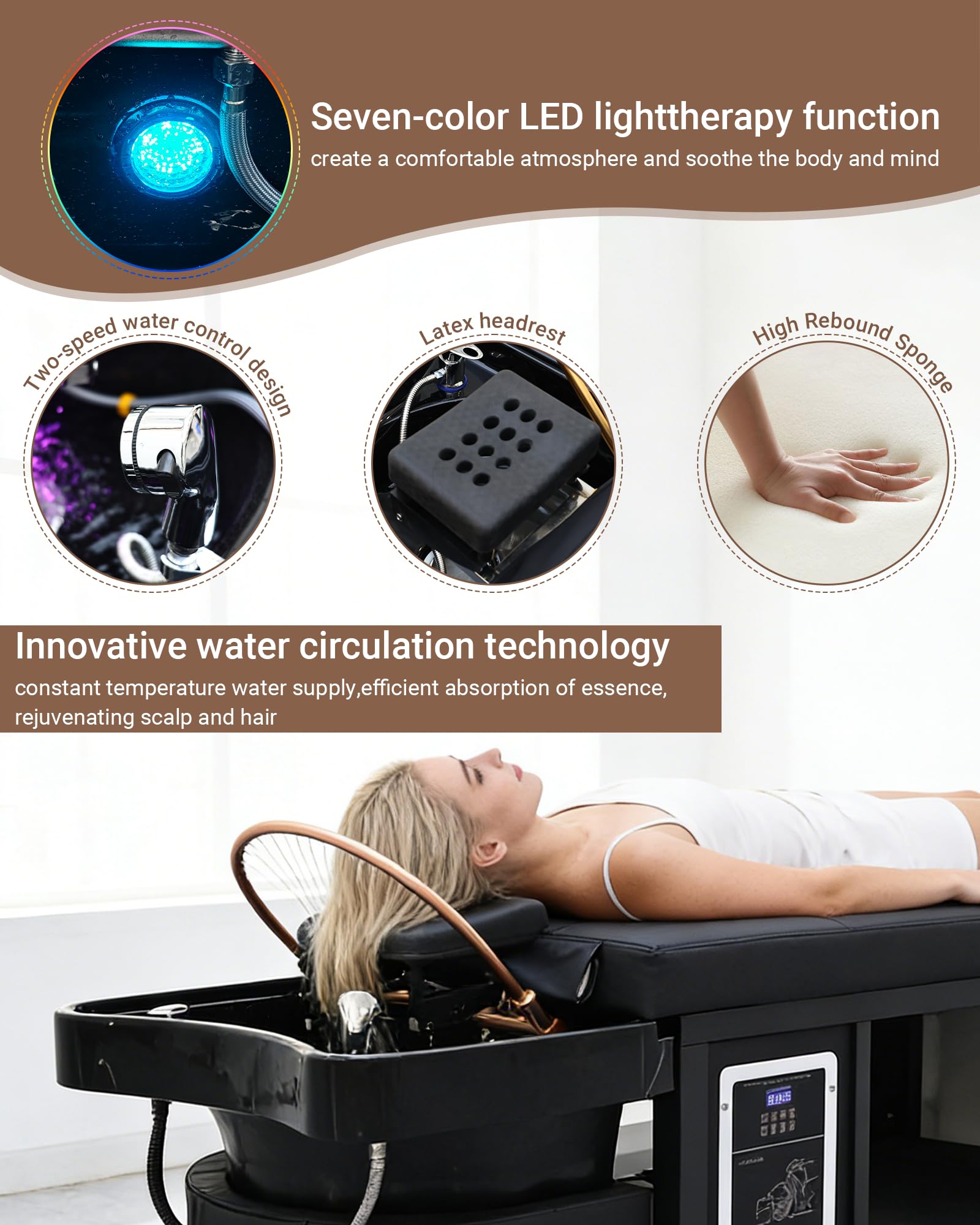 Camilla de spa Nykto Head con vaporizador y circulación de agua para peluquería o barbería.