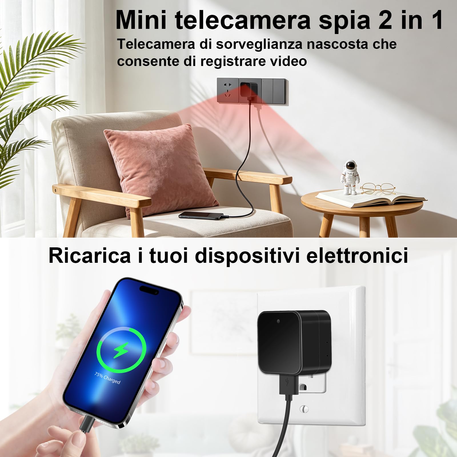 Telecamera Spia WIFI 5G,Videocamera Sorveglianza Interno Caricatore USB | 1080P Spy Cam Senza Fili,Mini Telecamera Nascosta Spia,Rilevamento del Movimento, per Casa/ufficio ,Tuya APP
