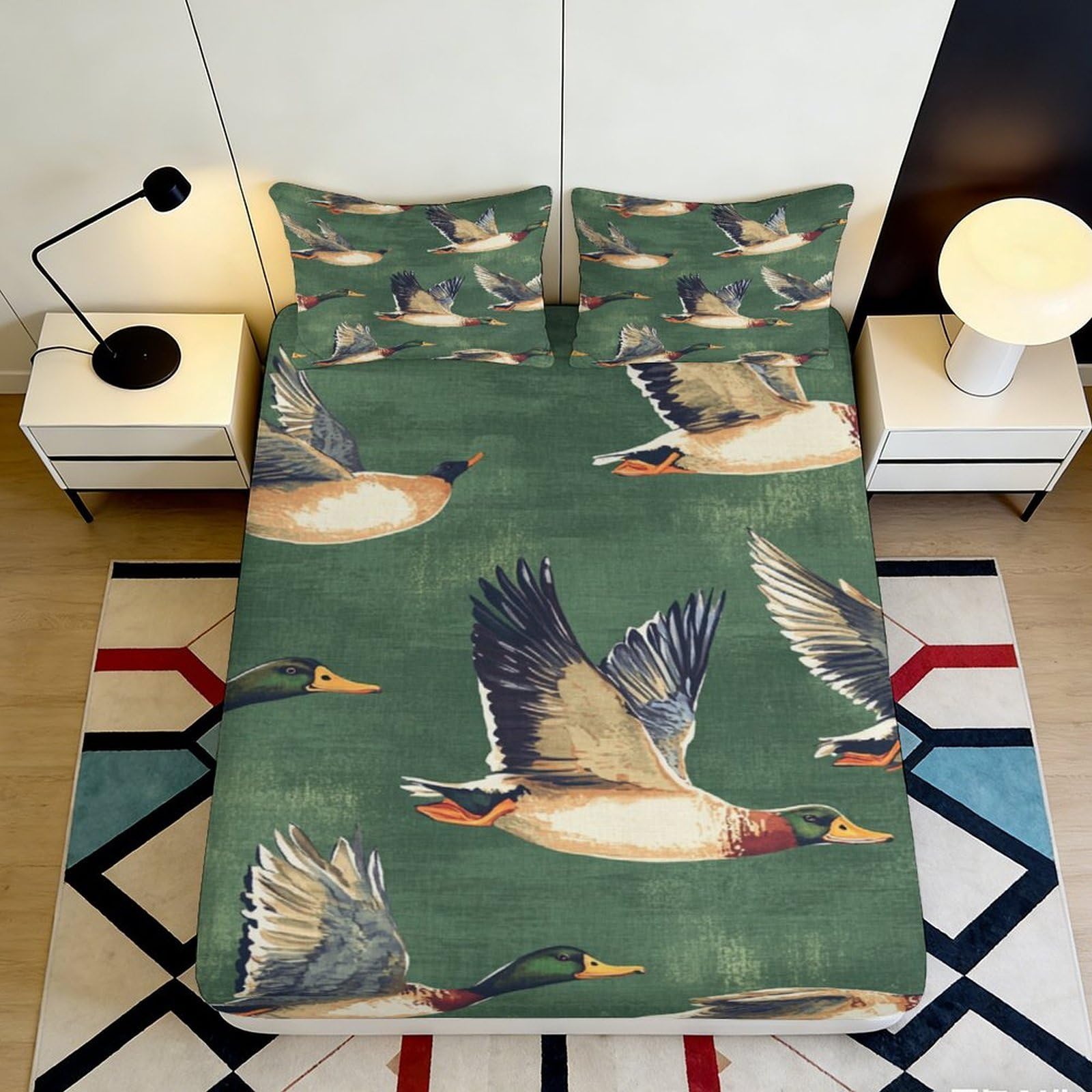 3D Printed Duck Fitted Sheet Microfiber, Mallard Mattress Cover, Green Bed Sheet for Bedroom, Guest Room, Dorm 90x200x25cm
