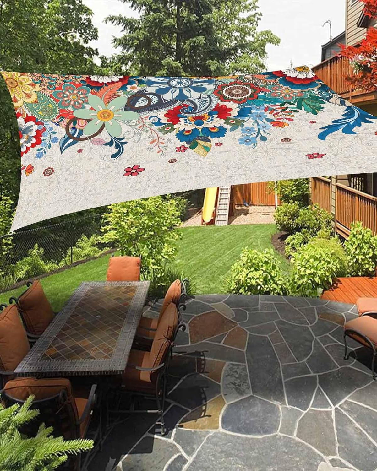 Sun Shade Sail 6.5'x10' Boho Floral Rectangle Sun Shade Sails Canopy Waterproof Abstract Bohemian Bloom Flower Linen Outdoor Sunshades Sand UV Block Cover Shades Cloth for Patio Backyard Deck Lawn