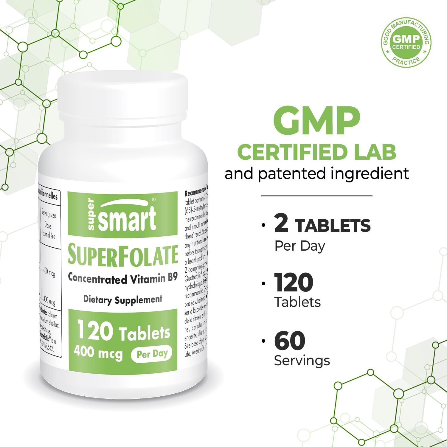 Supersmart - SuperFolate 400mcg / 4g per Day (Patented & Bioavailable) - Quatrefolic 5-MTHF Supplement - Active Folate Vitamin B9 | Non-GMO & Gluten Free - 120 Tablets — Amazon image 5