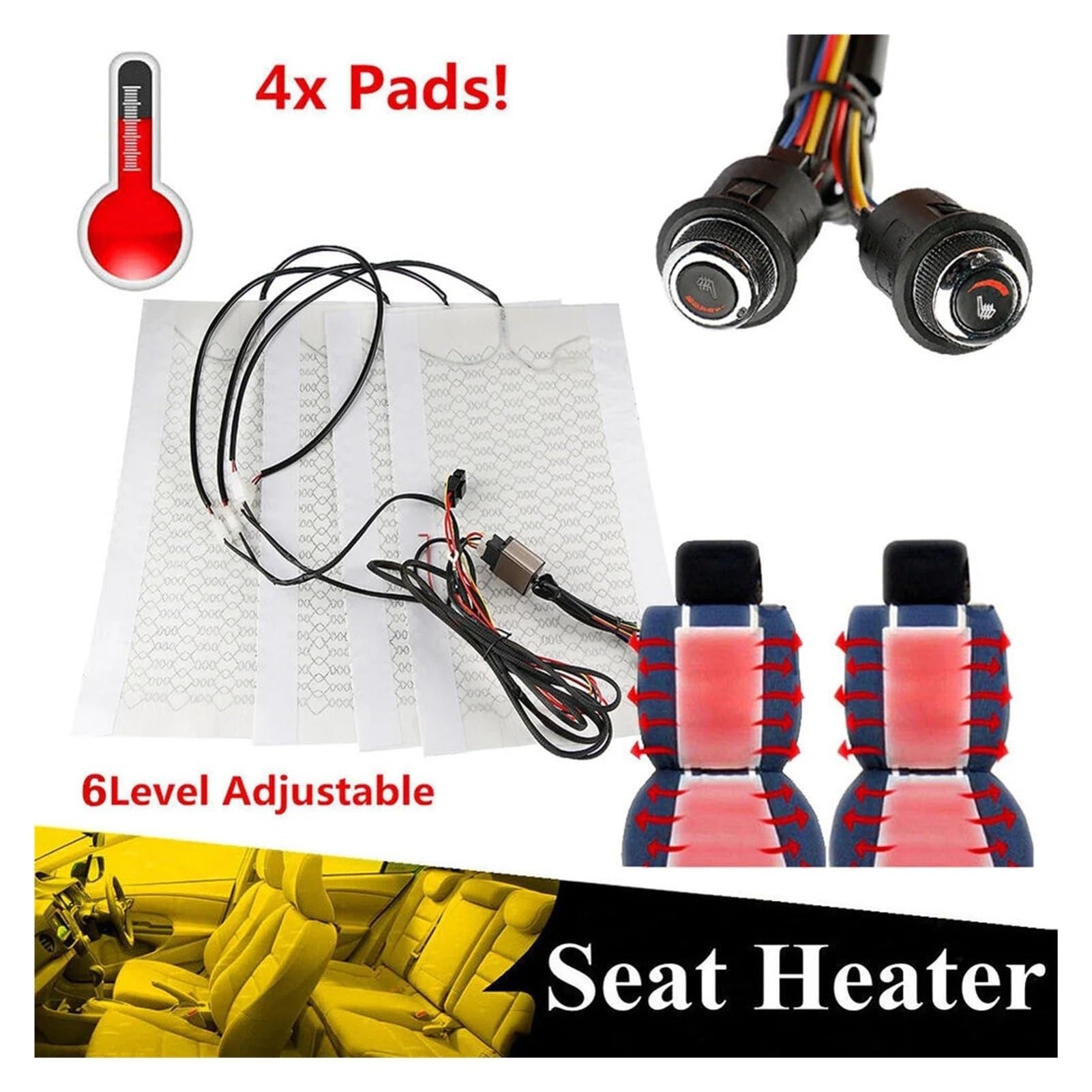 Calentador Universal for asiento de coche, almohadillas térmicas 12V, 6 niveles, calefacción fibra carbono, cojín redondo, interruptor Control, calentador invierno(Only 1 Switch Kit)