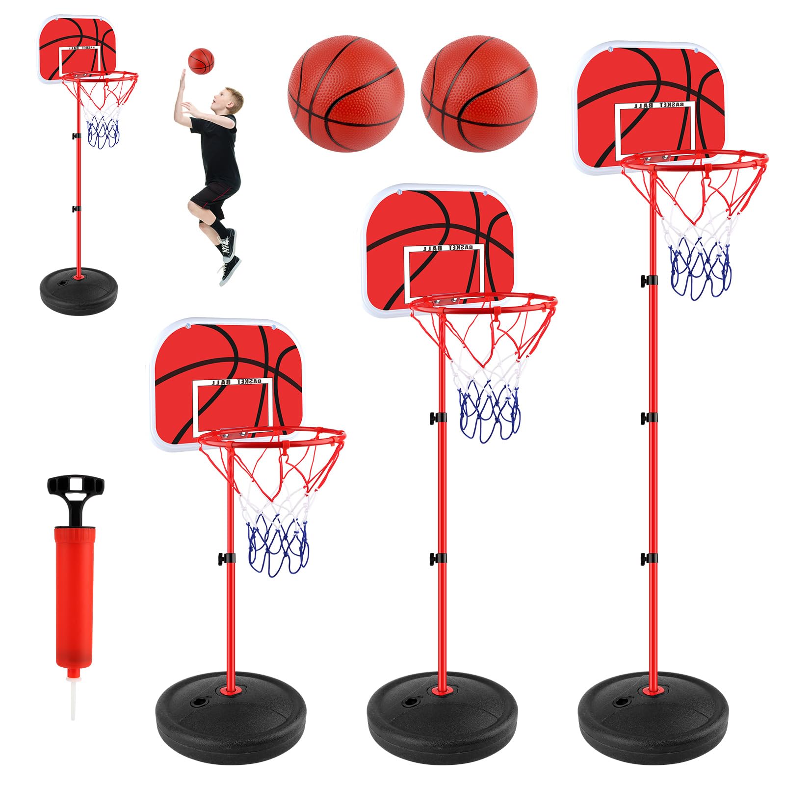 Canasta Baloncesto Infantil, Aro de Basket para Niños con Base, Canasta Baloncesto Exterior Altura Regulable 60 a 150cm, Kit de Canasta Infantil Incluye 2 Pelotas y Bomba, Regalo Deportivo