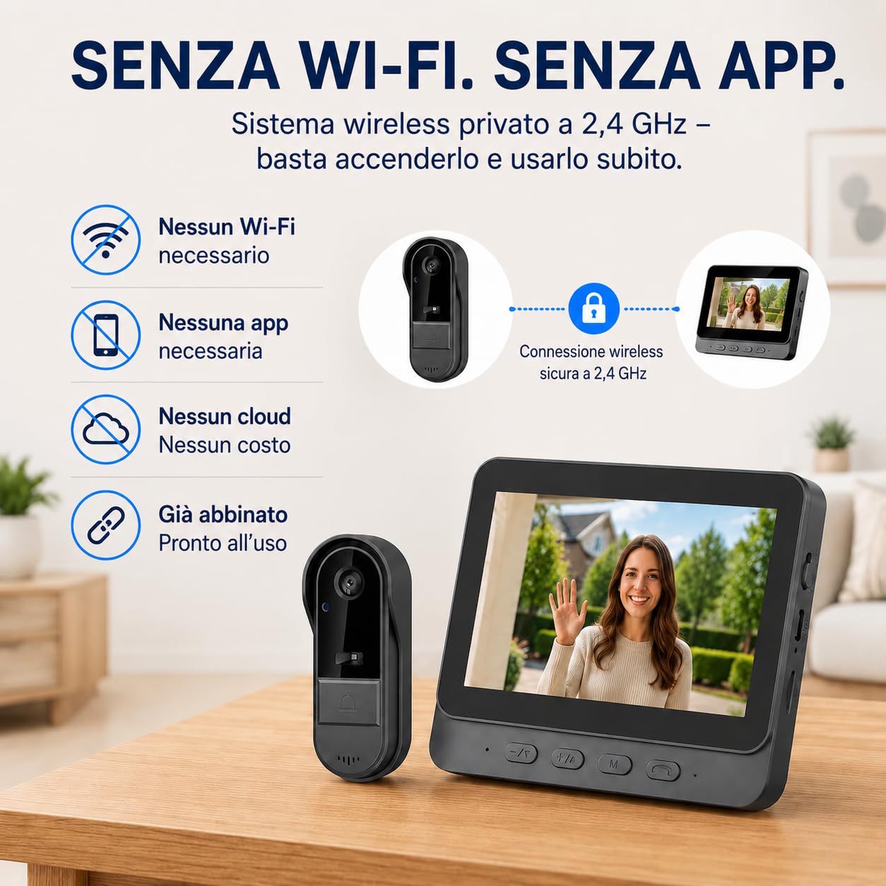 Winnes Videocitofono wireless senza WiFi, campanello con fotocamera e schermo da 4,3", videocitofono 1080P HD, visione notturna, audio bidirezionale, registrazione, grandangolo 170°, IP65