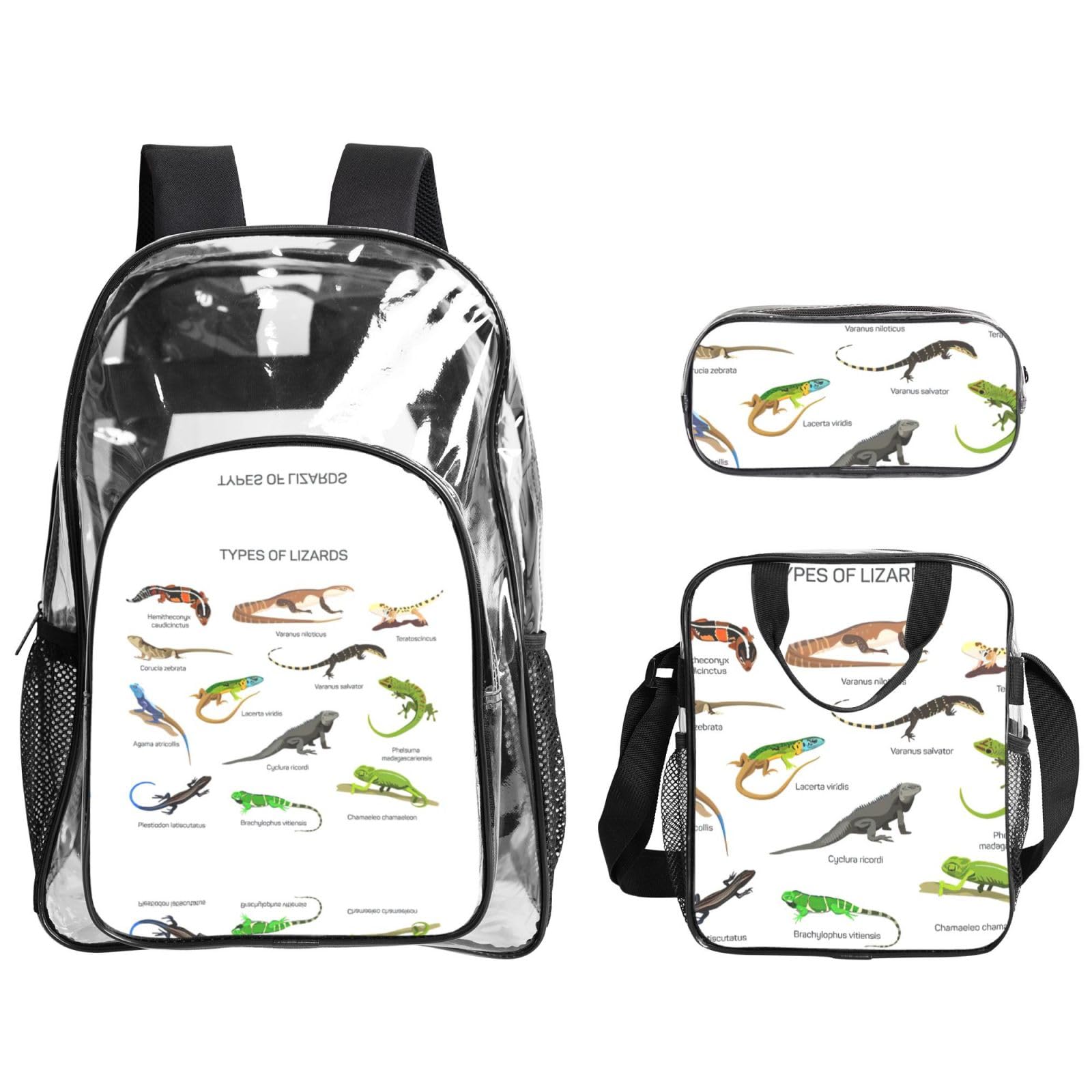 Diversi tipi di zaino stampato lucertola Set 3 in 1 borsa trasparente per eventi scolastici e lavoro stadio e trasporto quotidiano