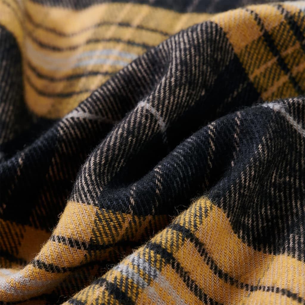 Camisa infantil a cuadros amarillo y negro de 100% algodón con cuello puntiagudo, mangas largas, parche bordado de oso, filas de botones, transpirable y cómoda para el día a día de los niños