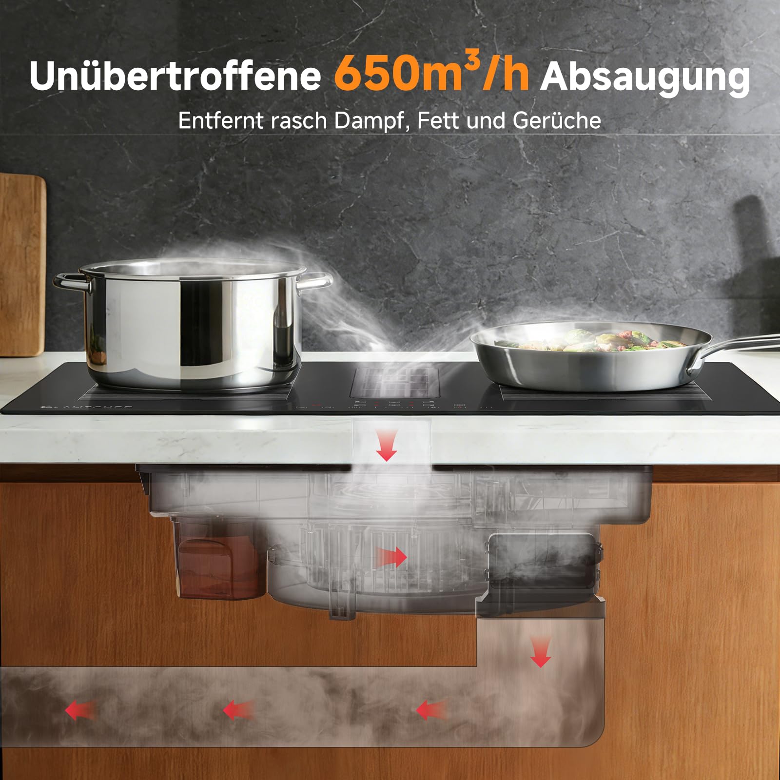 AMZCHEF Induktionskochfeld mit Integriertem Dunstabzug, 4 Kochzonen, 7200W Gesamtleistung, 650m³/h Automatische Hob2Hood-Belüftung, 9 Leistungsstufen, Timer & Kindersicherung, Boost & Flexzonen