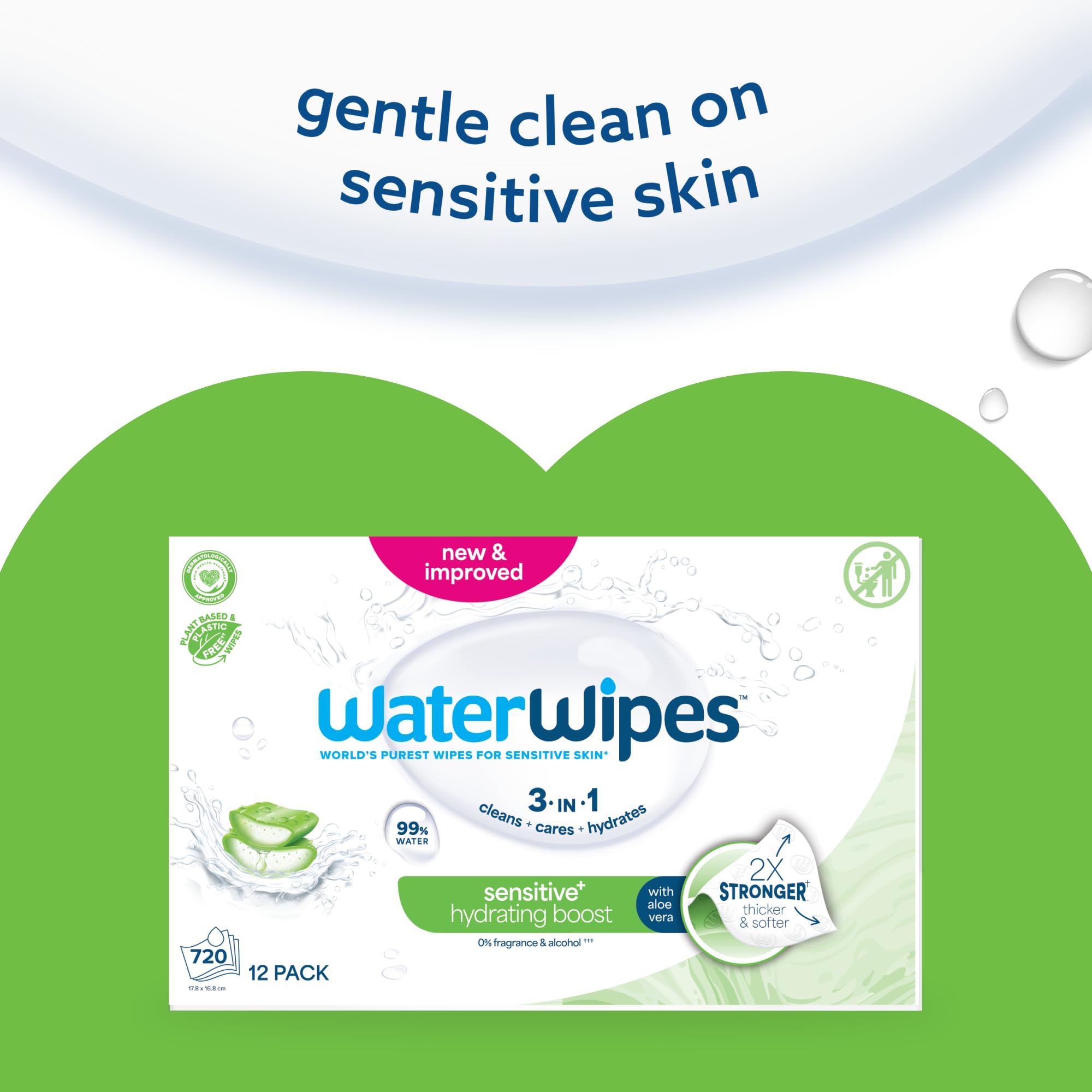 WaterWipes Sensitive+ Hydrating Boost Wipes, Feuchtigkeitsspendende Tücher, 720 Stück (12 Packungen), 3-in-1 reinigt, pflegt, spendet Feuchtigkeit, 99% Wasser mit Aloe Vera, unparfümierte Babytücher