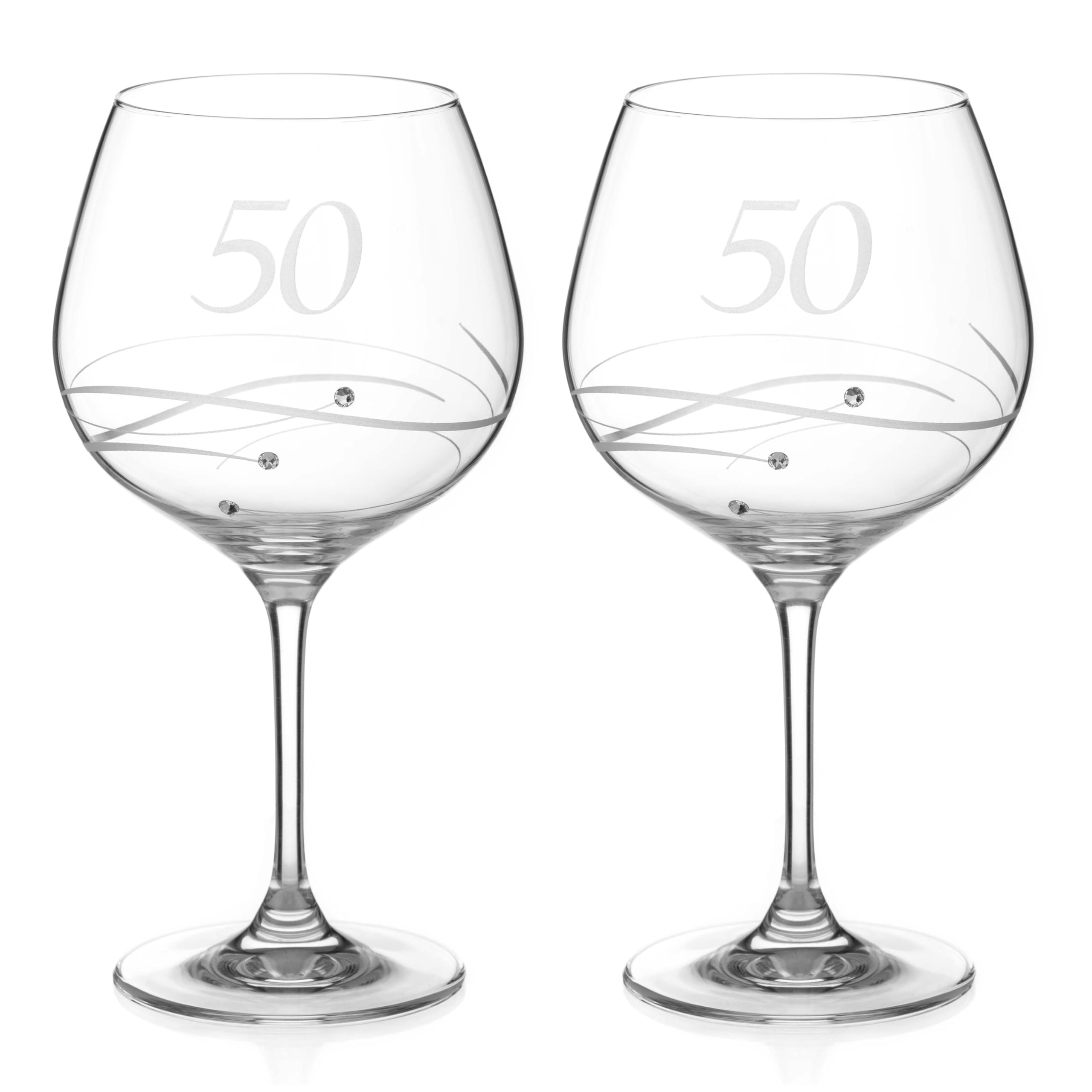 DIAMANTE 50th Birthday Anniversary Gin Copas Pair – Set of 2 Crystal Gin Glasses with Hand Etched “50” - Embellished with Crystals