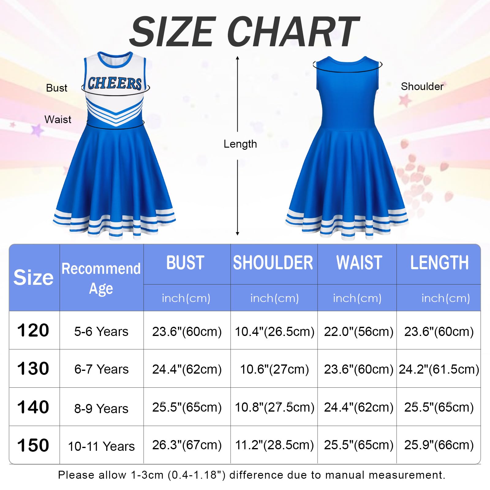 Berich Cheerleader Outfit Kids Dress Up with Pompoms Socks Princess Costumes for Girls Halloween Uniform Outfit Therm Party Clothing Girls Cheerleader Costume Blue 10-11 Years,150 - Image 4