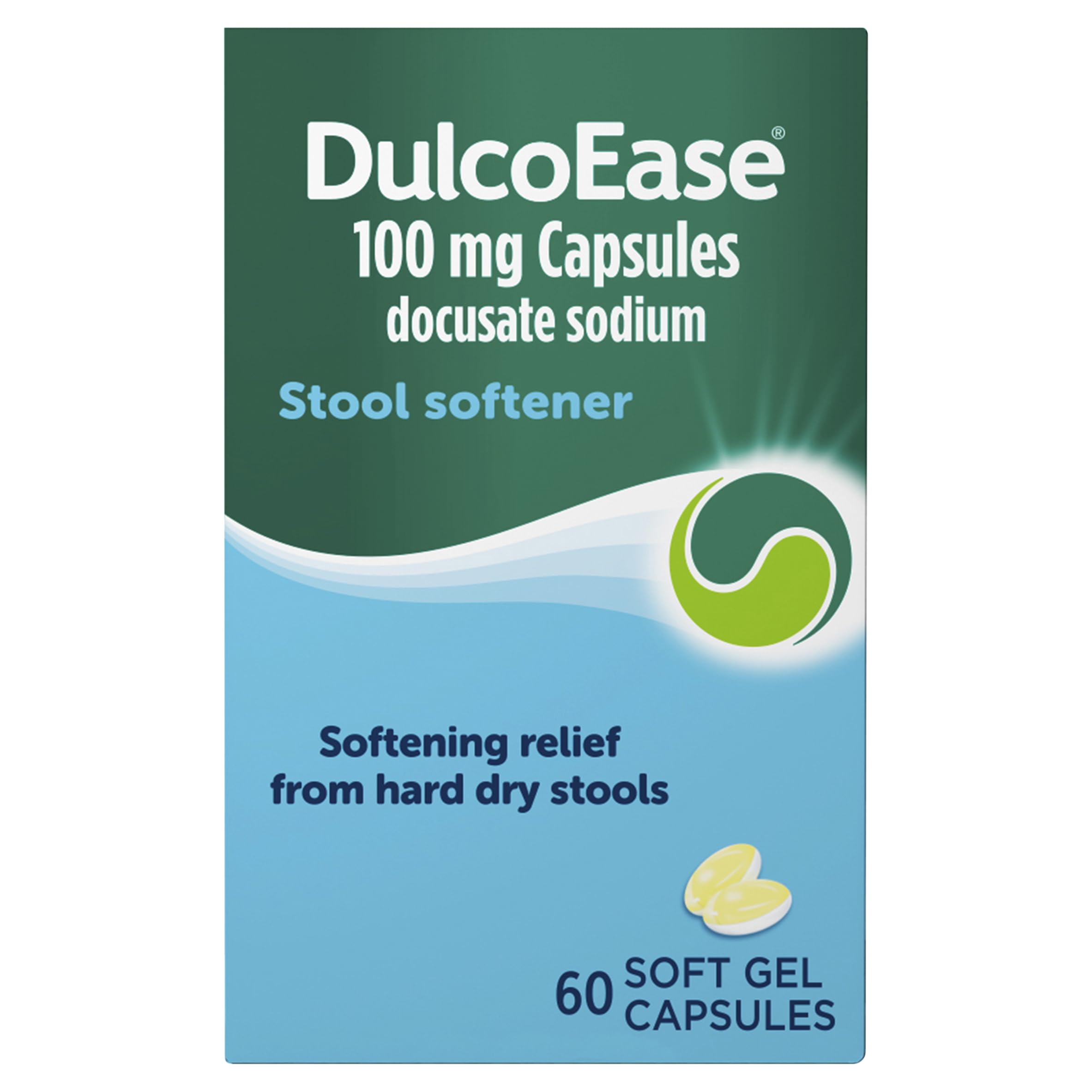 DulcoEase 100 mg Docusate Sodium Capsules - Softening Constipation Relief - Pack of 60 Soft Gel Capsules - Stool Softening Laxative