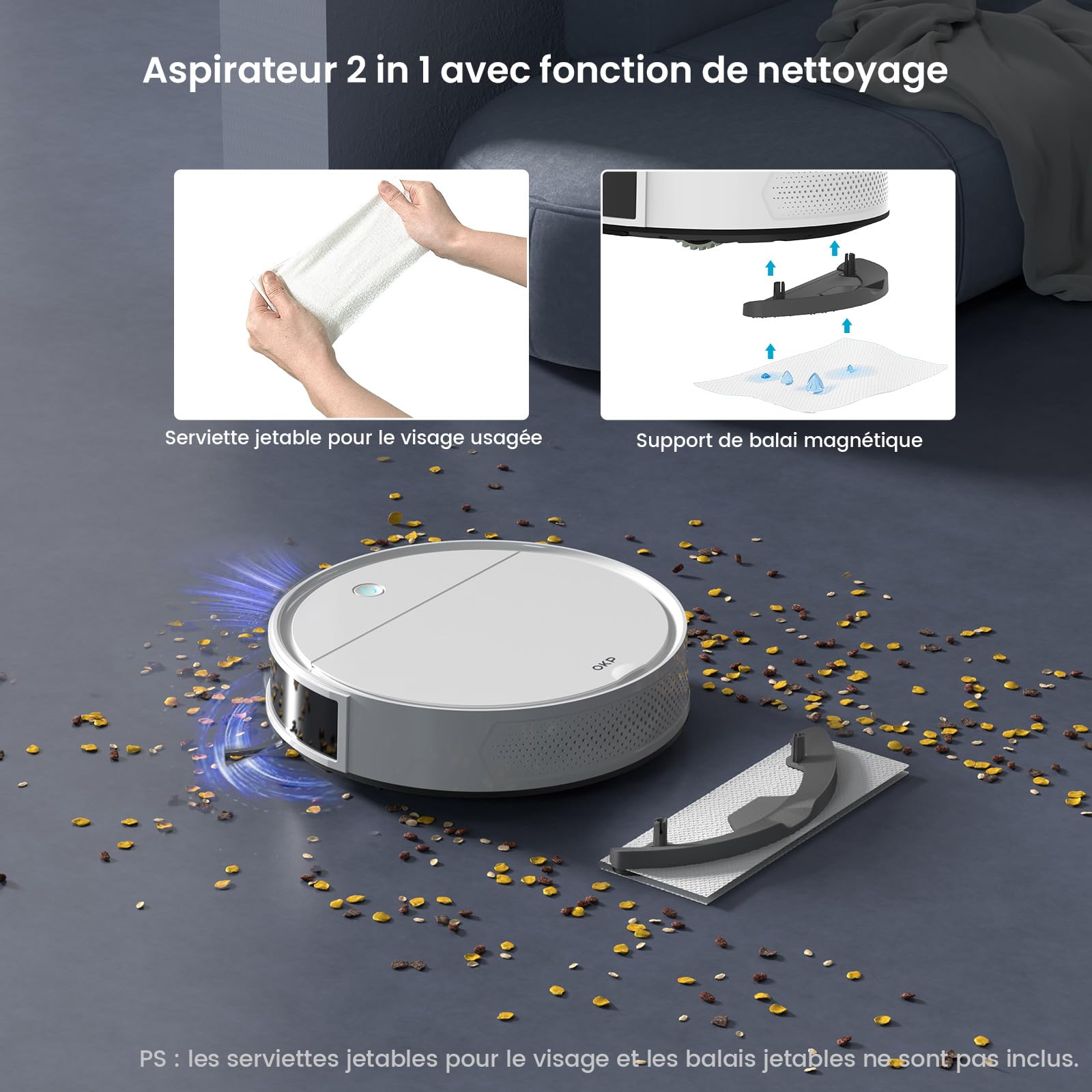 OKP K5 Pro Aspirateur Robot, 5000 Pa,180 Minutes,Ultra-Mince 7,7 cm, Évitement d'obstacles PSD, Silencieux, Adapté aux sols durs et Efficace Contre Les Poils d'animaux, Wi-FI/App/Alexa, Blanc
