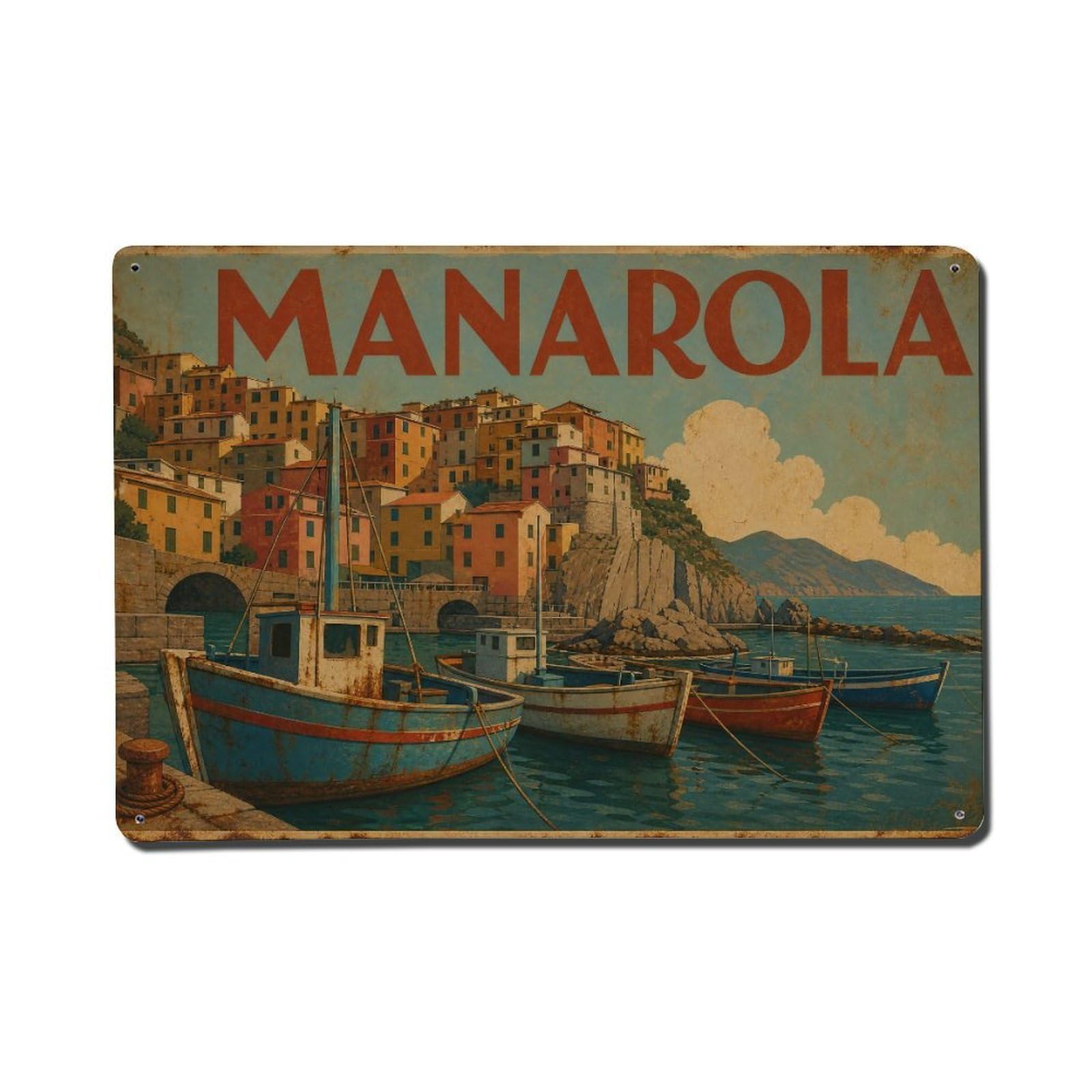 Vintage Travel Manarola Harbor Fishing Boats Colorful Italy Metal Tin Sign