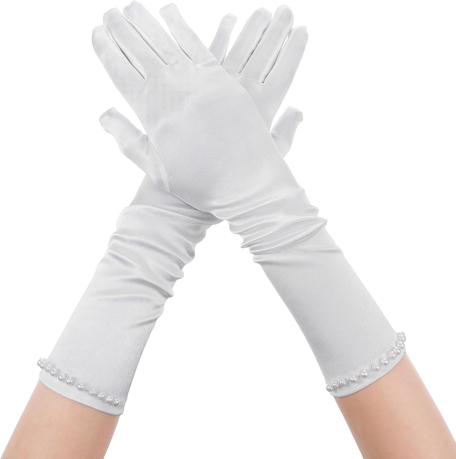 Long White Gloves for Girls, Princess Gloves with Pearls, Long White Glove for Children'S Parties, Weddings, Birthdays, And Other Occasions