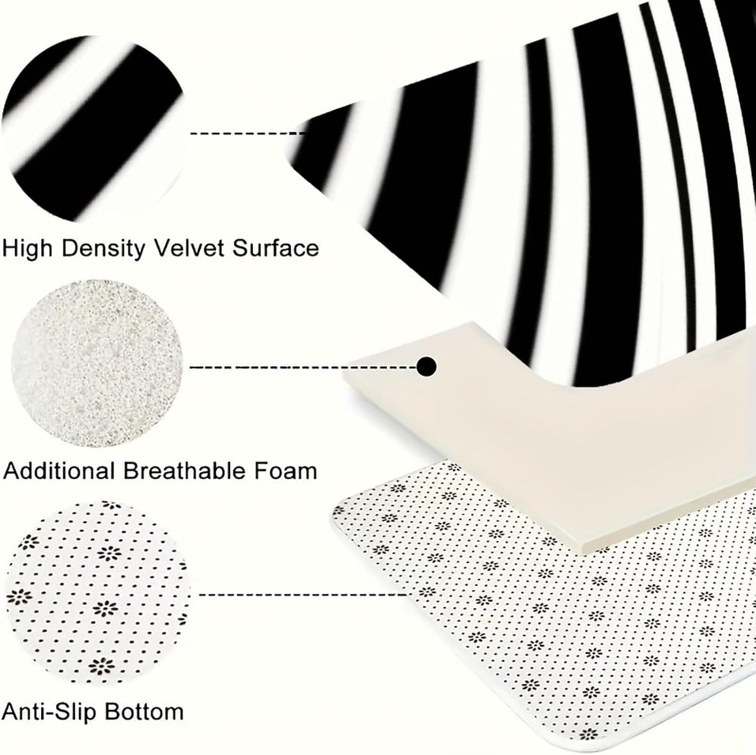 Black and White Lines Kitchen Mats for Floor 3 Pcs Kitchen Rugs