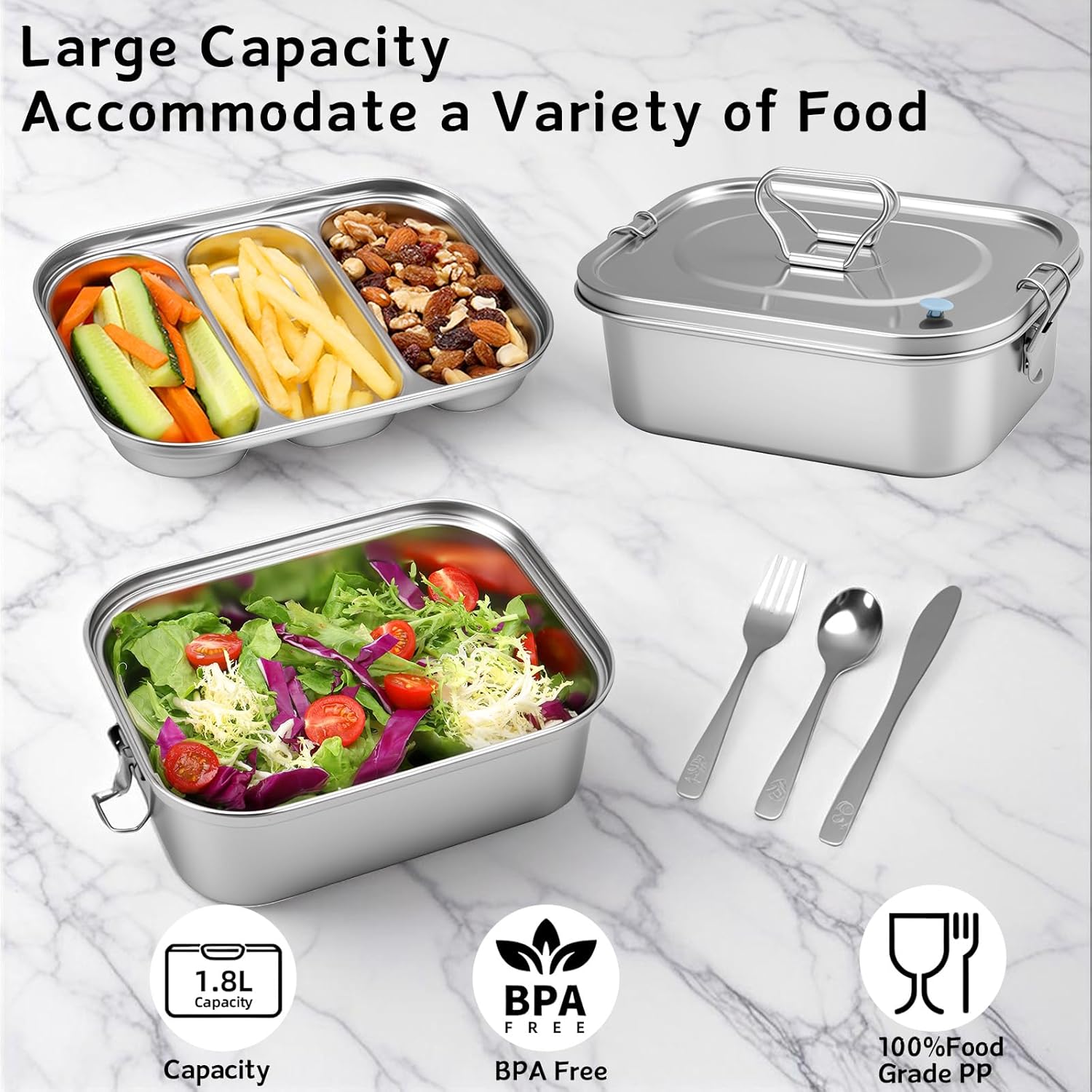 304 Stainless Steel Bento Box Leakproof 3-Compartment Tray, 1800ml Stainless Steel Lunch Box with Airtight Valve Handle, Including Utensil Set (Fork/Knife/Chopsticks) for Travel, Work. - Image 6