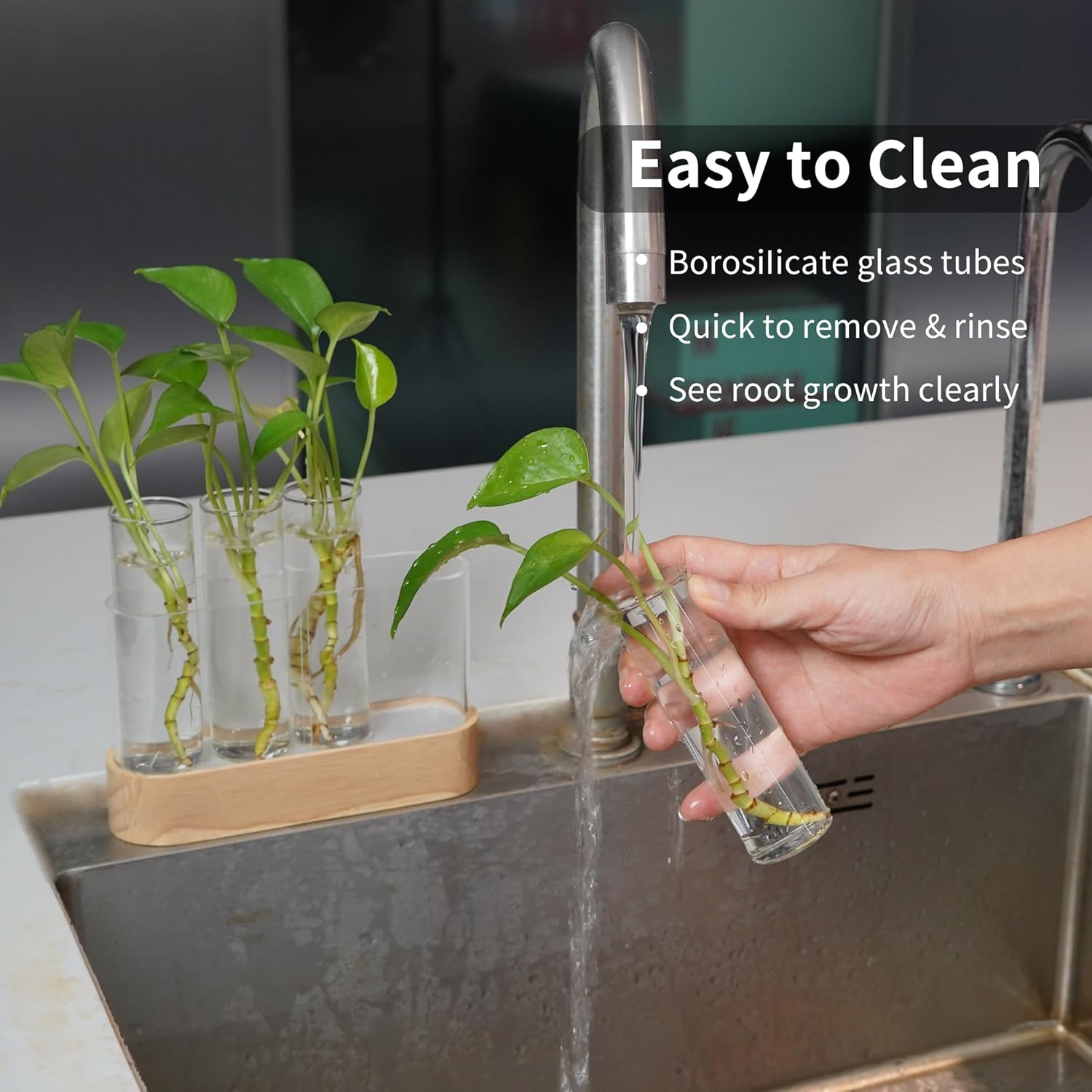 Plant Propagation Station with LED Lights, Wooden Stand, 4 Glass Test Tubes for Hydroponic Plants, 3 Lighting Modes 9 Brightness, Unique Gift for Plant Lovers - Image 8