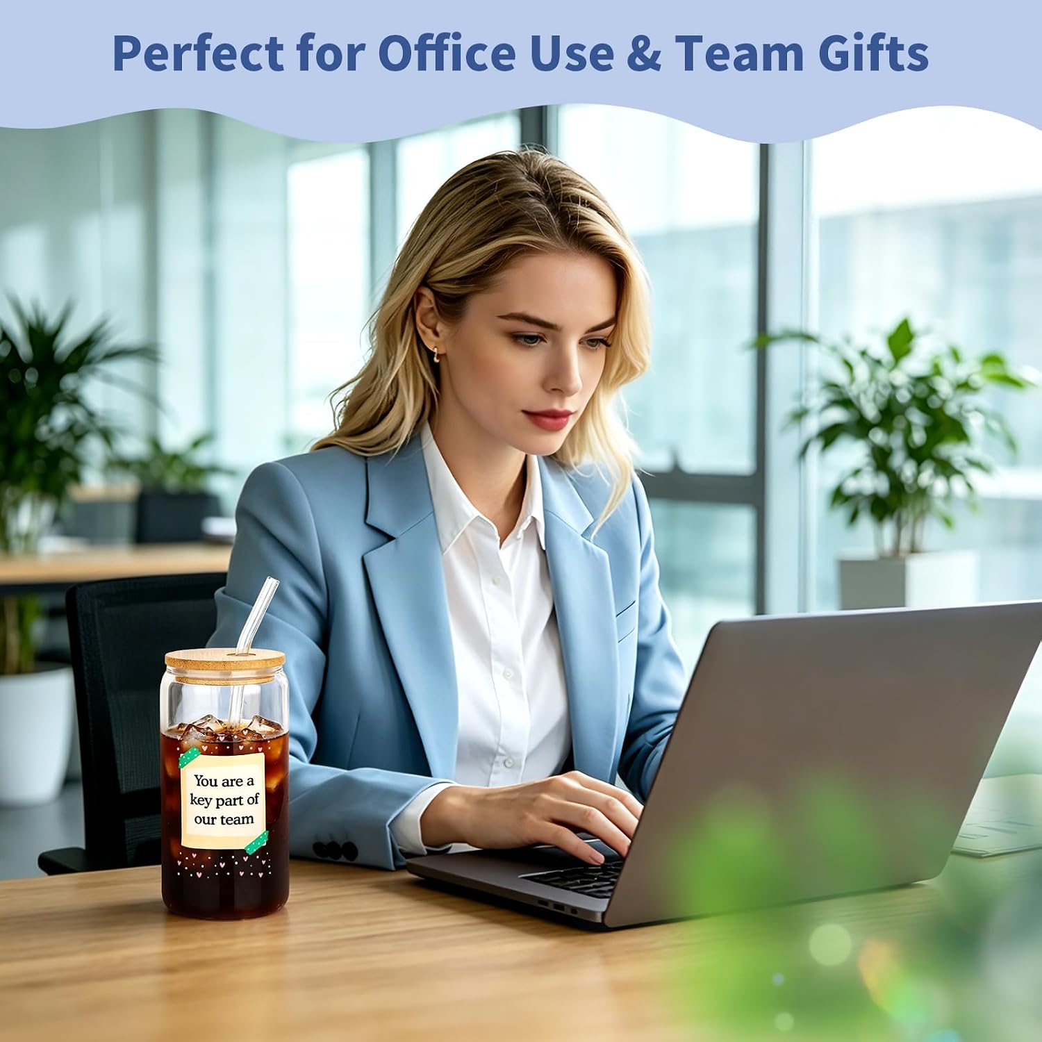VOBAGA16oz Iced Coffee Glass Cup with Lid & Straw, Appreciation Gift for Employees Coworker Colleague, Drinking Glasses for Smoothies, Corporate Welfare & Birthday Gift for Women Men, Office Daily Use