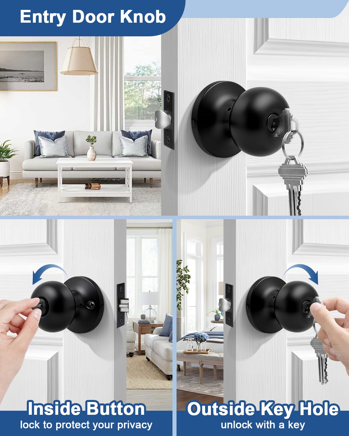 GOBEKOR 1 Pack Matte Black Door Knob with Lock and Keys, Keyed Alike Heavy Duty Entry Door Lock for Front Door, Bedroom Bathroom & Office, Reversible for Left/Right Door - 5