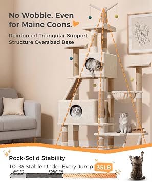 76 Heavy Duty Cat Tree for Maine Coons & Large Cats, Stable Indoor Tower