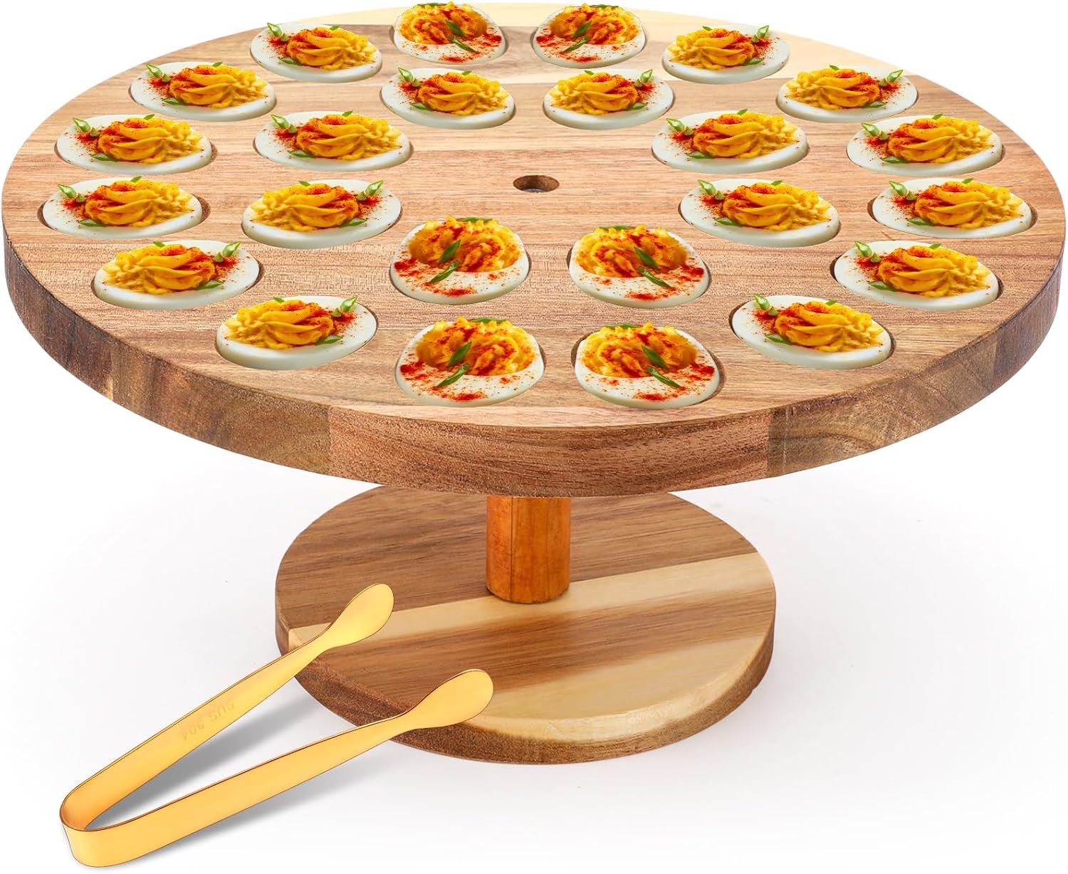 LemonRoad Deviled Egg Tray Stand 24 Holes Wooden Deviled Egg Platter with Gold Tong Charcuterie Board Wooden Platter & Serving Tray for Thanksgiving Christmas Home Kitchen Supplies