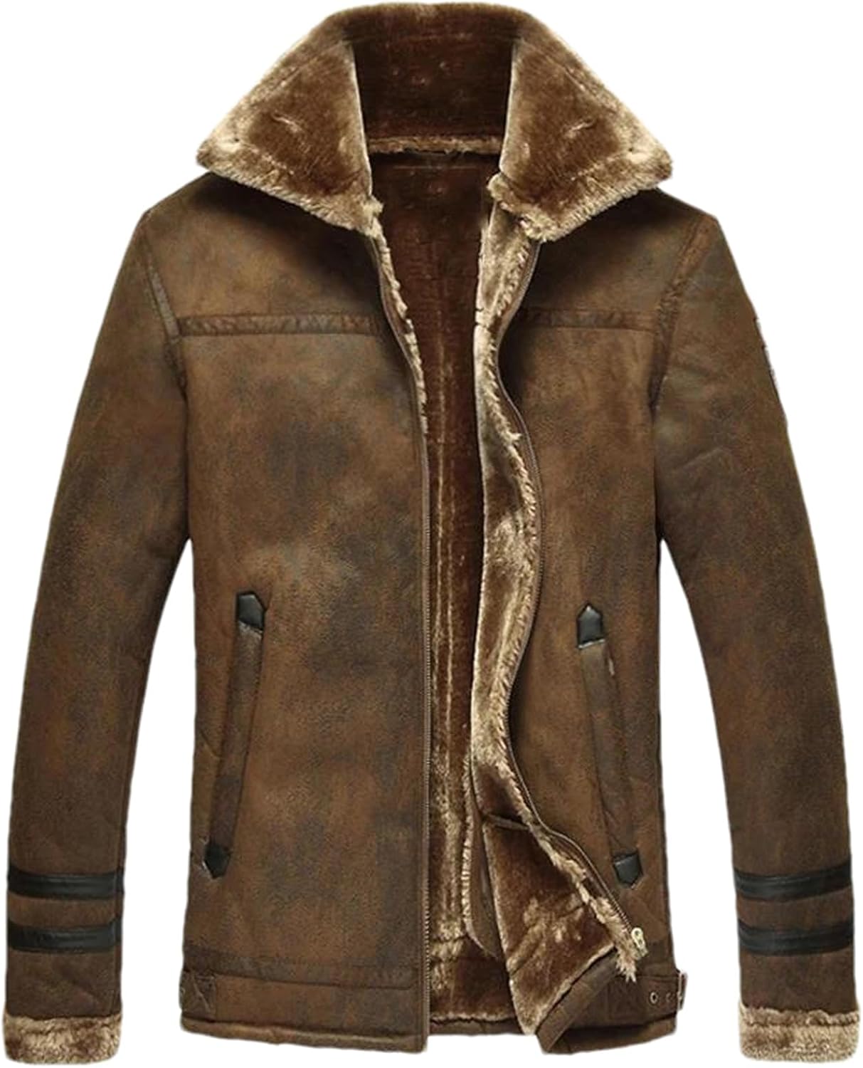 Mens Vintage Suede Fleece Jackets Winter Stand Collar Thermal Lined Faux Leather Jackets Motorcycle Coat