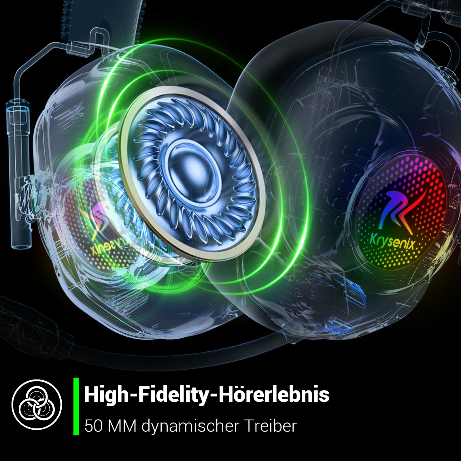 Krysenix KGH2 Gaming Headset Wireless, 2,4G Gaming Headset für PC, PS4, PS5, Mac, Switch, Bluetooth Kopfhörer Mit Mikrofon Geräuschunterdrückung, LED Licht, 40 Stunden Akkulaufzeit, Schwarz