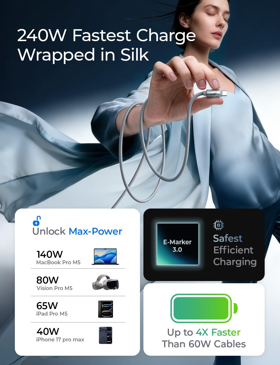 LISEN 10FT USB C Cable Fast Charging, Chubby 240W Cable USB C to USB C Fast Charging Soft Silicone USBC to USBC Parallel Cable for iPhone 17 Pro Max 16 15 Air Samsung S25 Ultra MacBook Pro Air iPad - Image 2