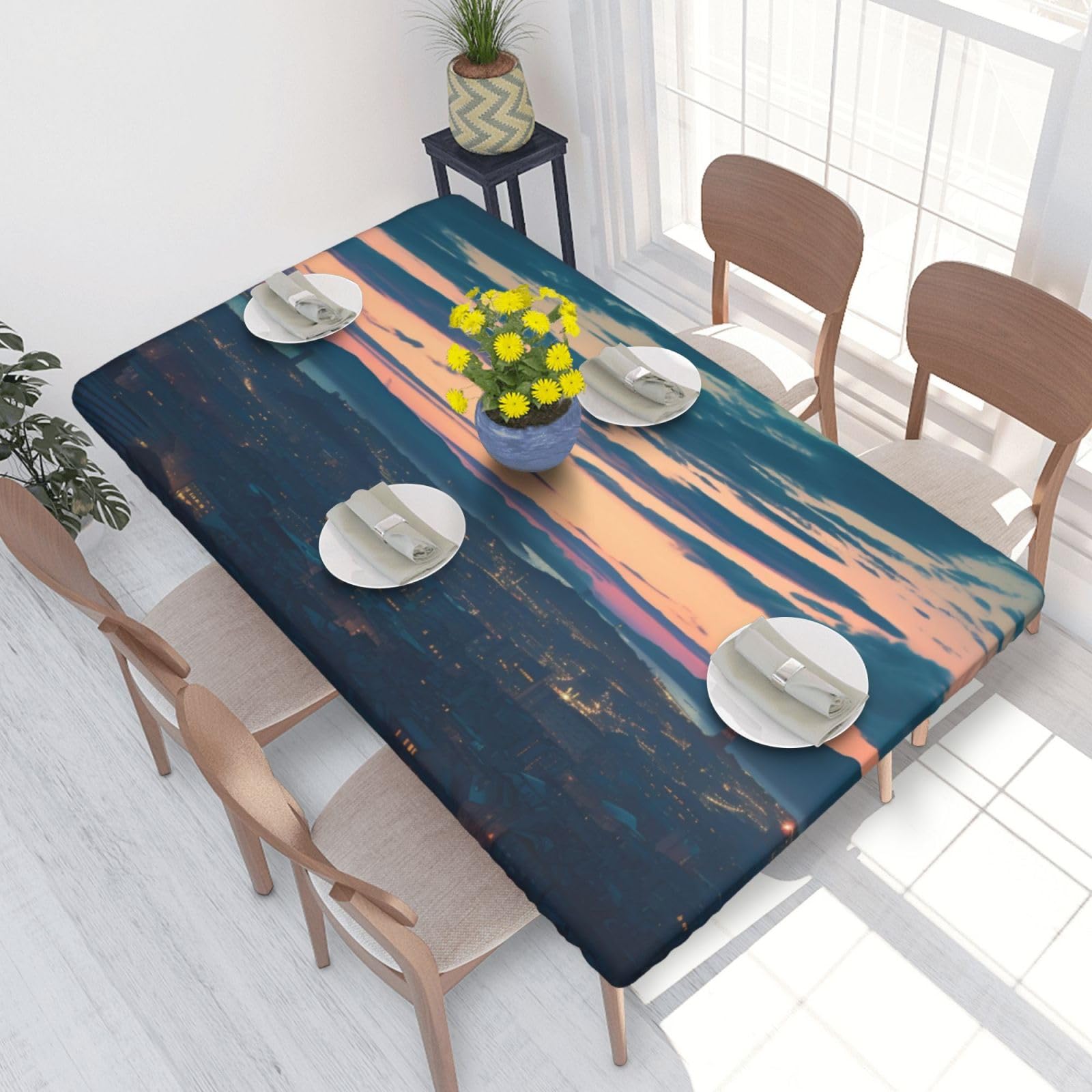 DCARSETCV Cityscape Dusk Printed 4FT Waterproof Tablecloth with Elastic Edged Protect & Decor Your Table, Oil-proof Washable Table Cloth Cover for Dinner Picnic Party