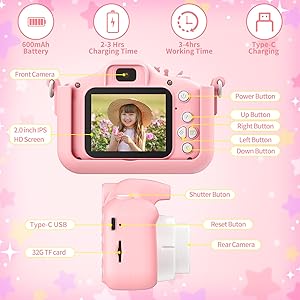 PHNIXGAM Pink Children's Digital Camera, Digital Camera for Toddlers, Boys, Girls, Mini Children's Selfie Camera Toy with 2 Inch Screen, 32 GB Card for Age 3-12 Birthday