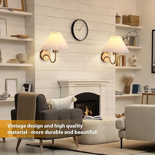 Miniatura 6 de Juego de 2 apliques de pared dorados para interiores con pantalla de tela, lámpara de pared de tela plisada, lámpara de pared cableada para