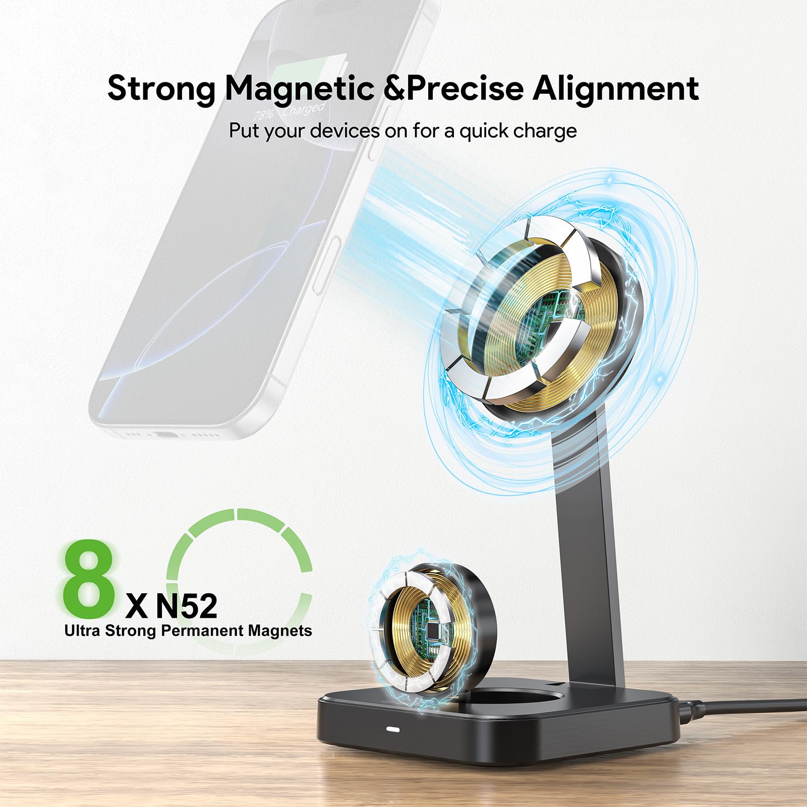 Caricabatterie wireless 2 in 1 da 15 W, stazione di ricarica rapida magnetica pieghevole per iPhone, Apple Watch e Smart Watch