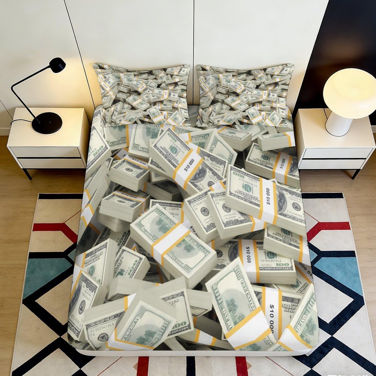 3D Printed Money Stack Fitted Sheet Microfiber Soft Anti-Slip Cash Bundle Bed Cover for Bedroom Dorm Decor 90x200x25cm