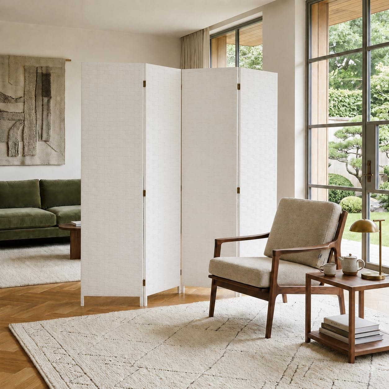 Makika Trennwand/Raumteiler 4-teilig faltbar aus Papier und Holz – 180 x 180 cm, Weiß