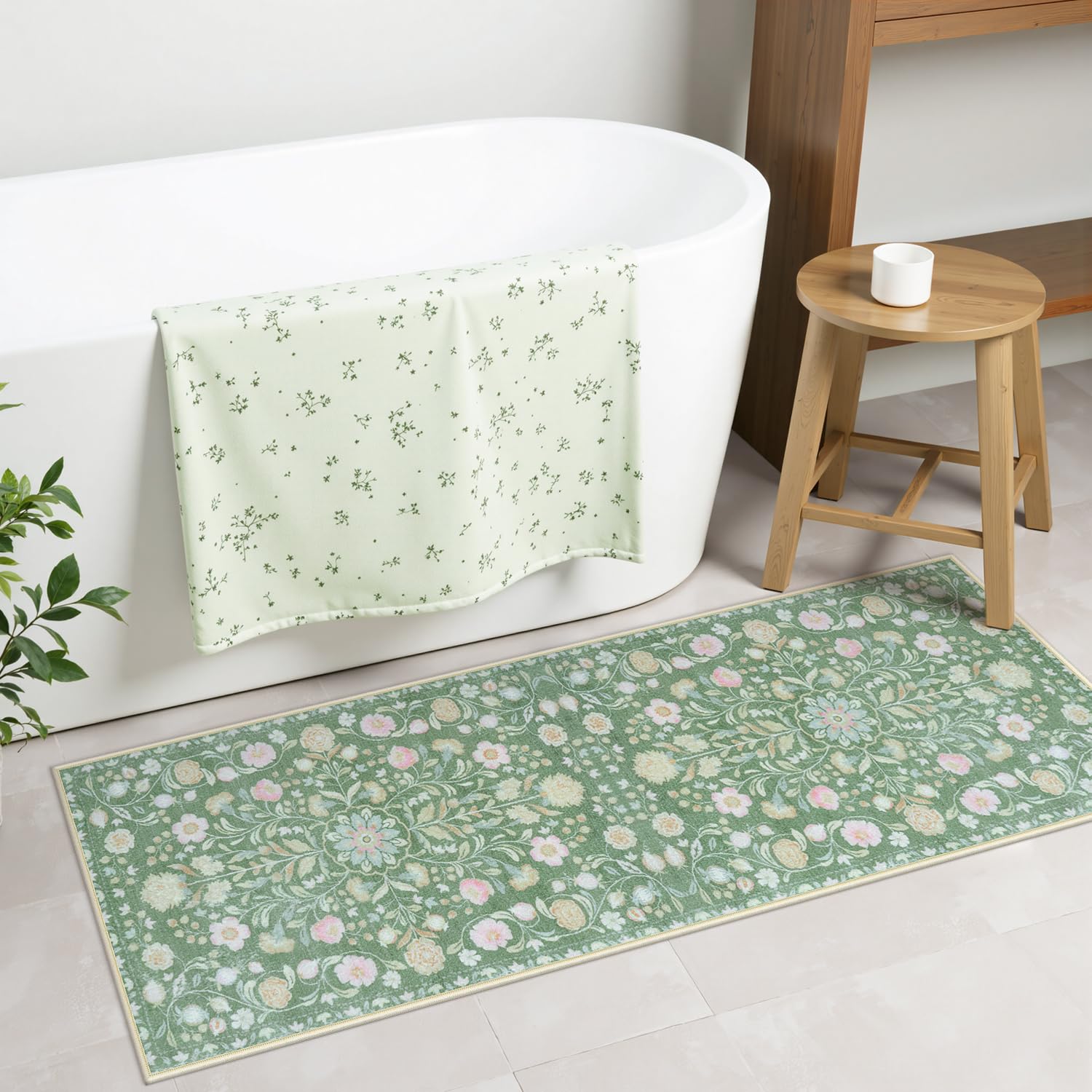 Uphome Bathroom Runner Rug Green Boho Long Bathroom Rug Soft Luxury Non-Slip Vintage Bath Mats Machine Washable Farmhouse Floral Floor Mats for