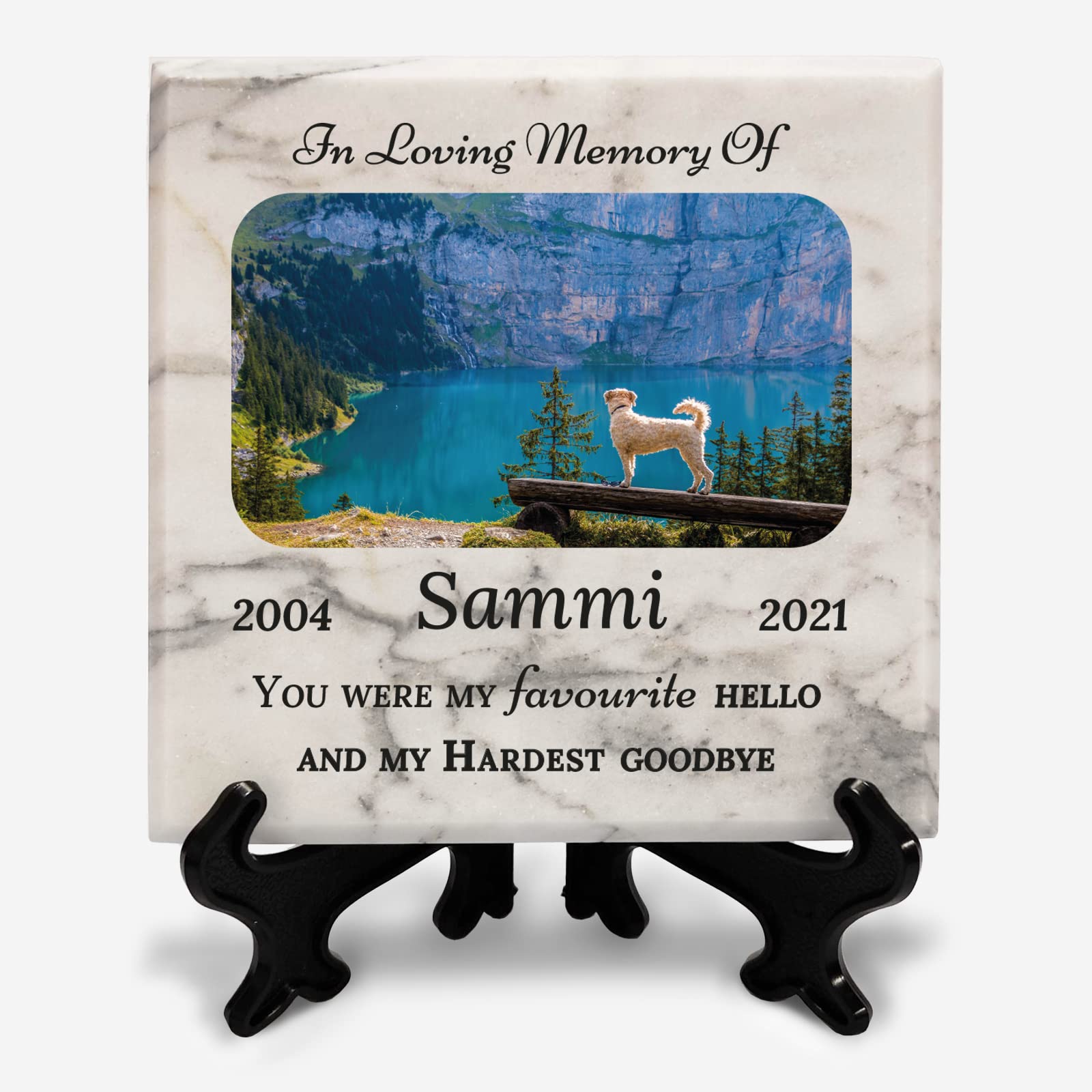 You Personalise Personalised Memorial Marble Photo Plaque for Pet Cat Rabbit Dog 100mm with Display Stand — image 1