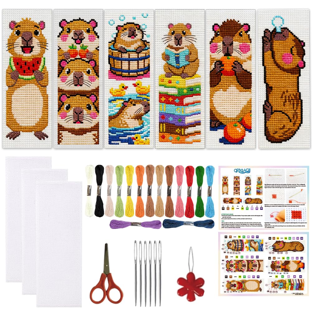 INFUNLY 6 Set Capybara Cross Stitch Bookmark Kit 7.6x21.6 cm Stamped Embroidery Bookmark Set DIY Cross Stitch Bookmarks for Adults with Instructions Backing Felt for Book Lovers Gift