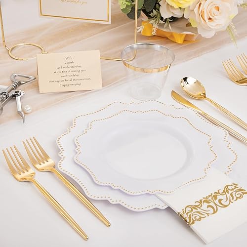 Miniatura 6 de COLOSUS Juego de vajilla de plástico desechable de 175 piezas de Acción de Gracias para fiestas, platos de cena y postre de plástico de oro blanco