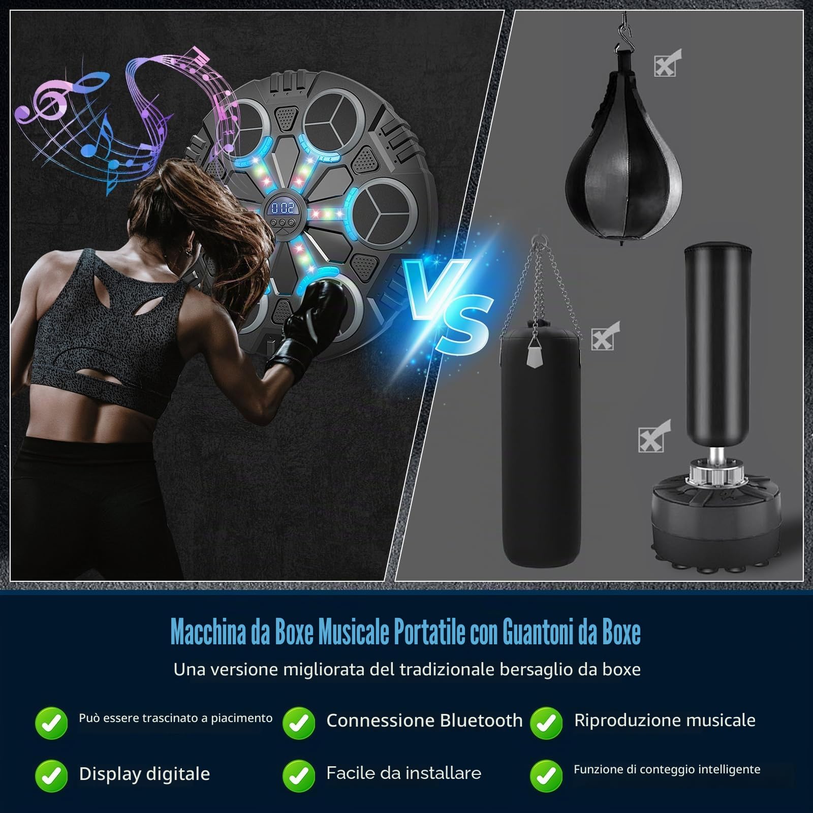Machine de Boxe Musicale,LED Macchina da Boxe Musicale da Parete Pugile con Guanti da Boxe,3 modalità di velocità e modalità di Conteggio,Bluetooth Boxe Allenamento pour Enfants et Adultes