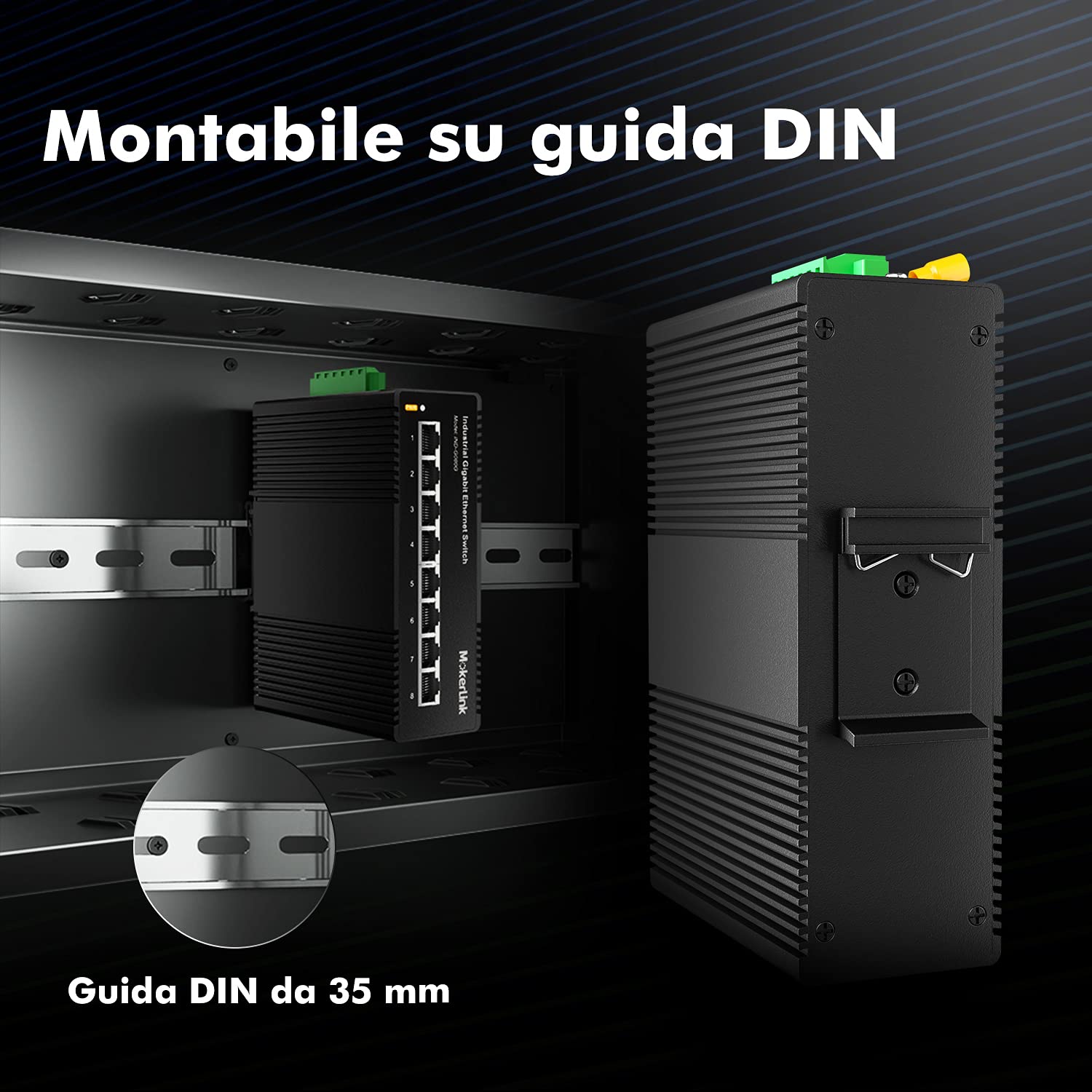 mokerlink Switch Ethernet su Guida DIN Industriale Gigabit a 8 Porte, capacità di commutazione 16 Gbps, Switch di Rete Non gestito IP40 (da -40 a 185 °F), con Alimentatore