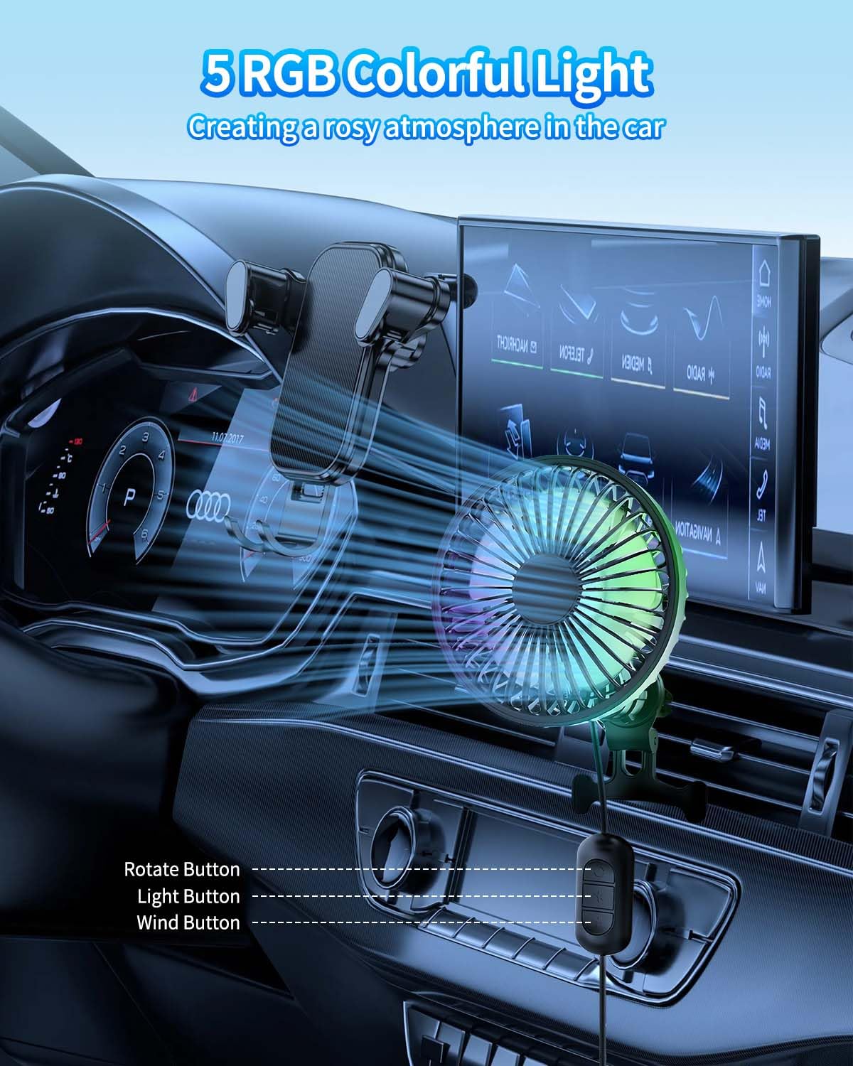 Wentylator samochodowy, głowica wstrząsająca 90°, 12 V, USB, 3 prędkości obrotu o 360° ze światłem RGB, niski poziom hałasu, nadaje się do wielu pojazdów