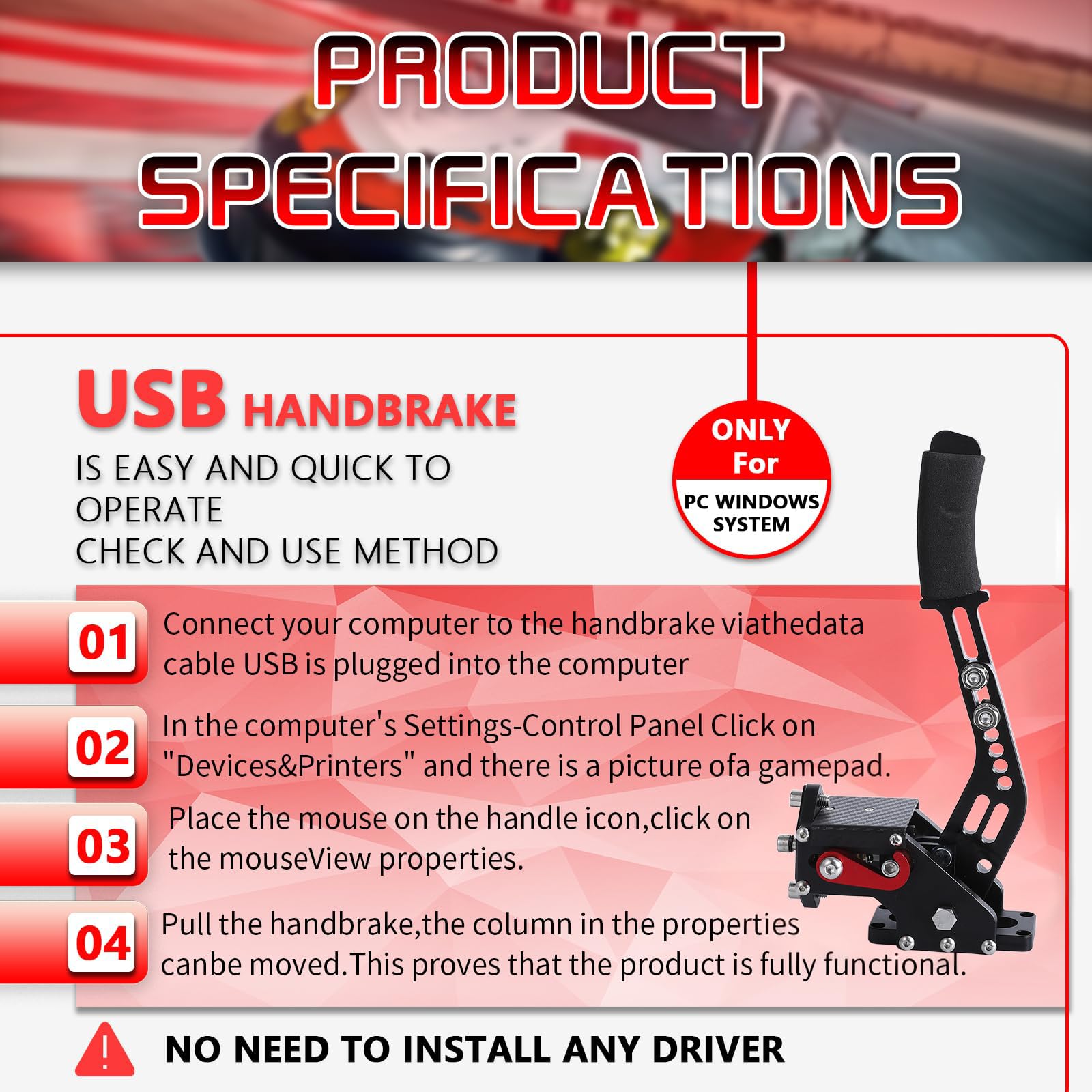 Frein à main USB 16 bits pour PC Windows - Levier de Drift Analogique Linéaire en Métal, 16 Capteurs sans Contact, Plug and Play, Compatible avec la plupart des Volants PC et Jeux de Course Sim Racing