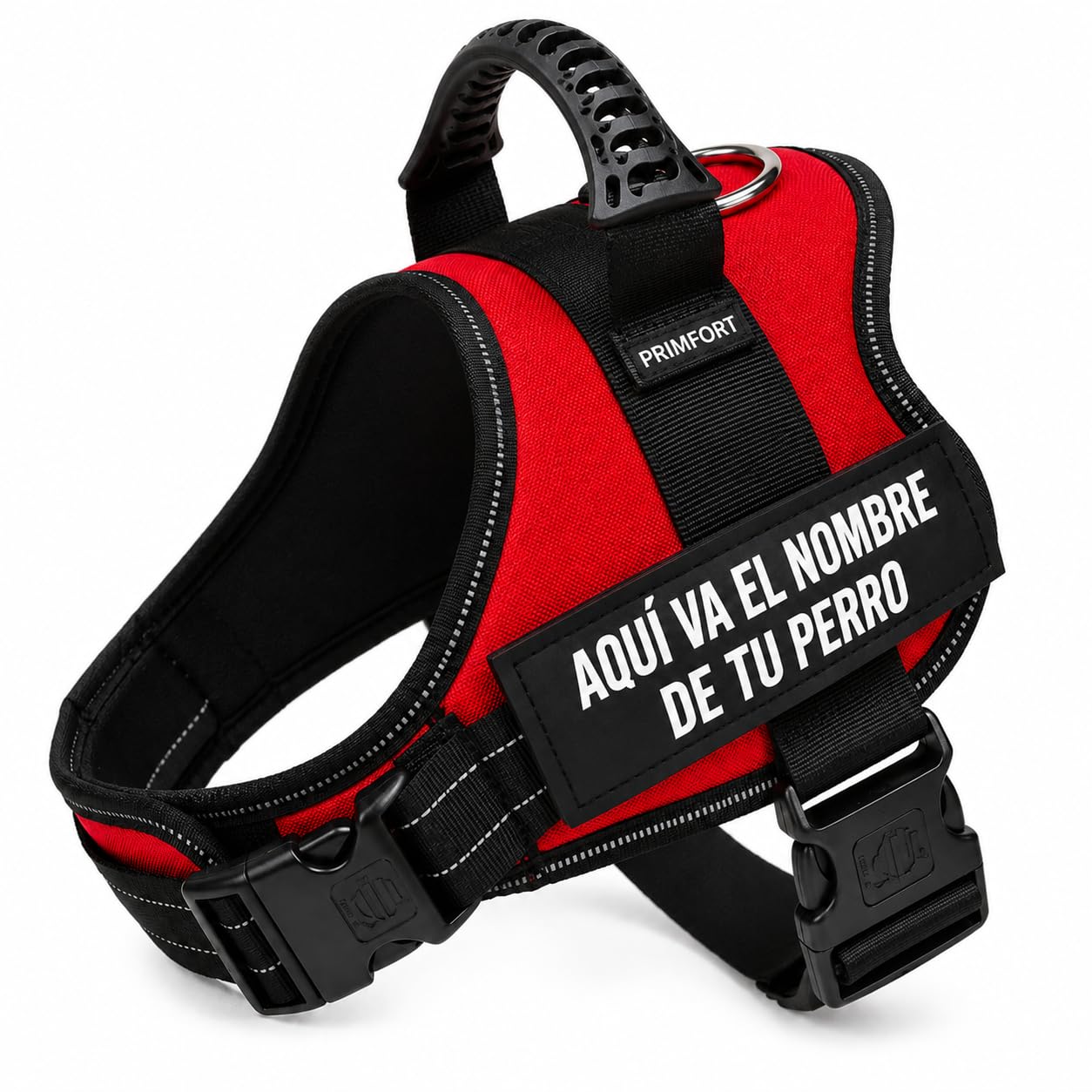 Arnés Táctico Personalizado para Perros – con el Nombre de tu Perro, Asa de Control Reforzada, Anilla Metálica, Ajustable e Incluye 2 Etiquetas Personalizables (Rojo, L 21-32KG)