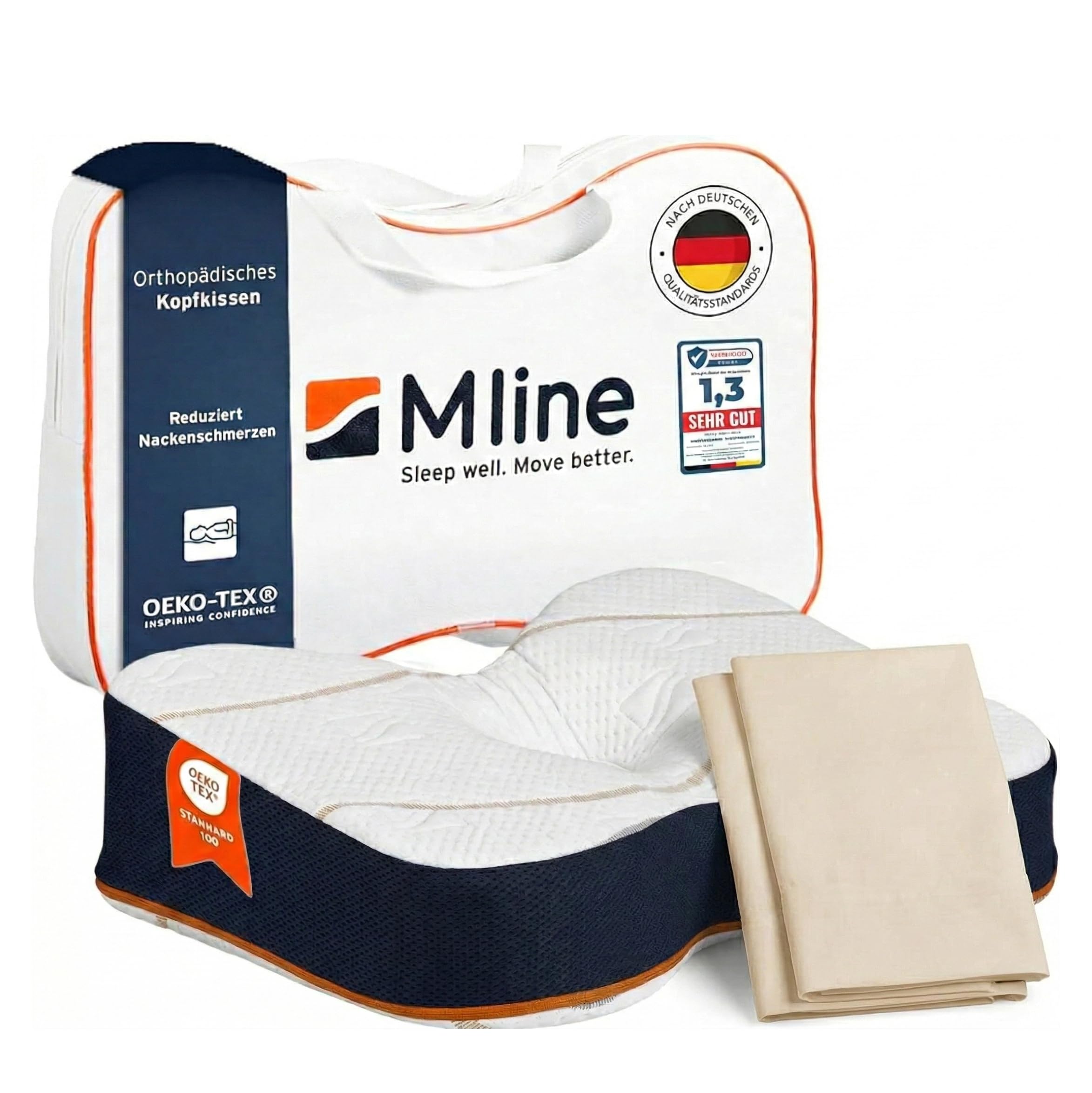 M LINE Athletic Pillow Orthopädisches Kissen mit 2X Kissenbezug (Ecru) – Seitenschläferkissen & Ergonomisches Kopfkissen – Schmetterlingskissen gegen Nackenschmerzen – Optimale Lüftung – 50 x 35 x 12