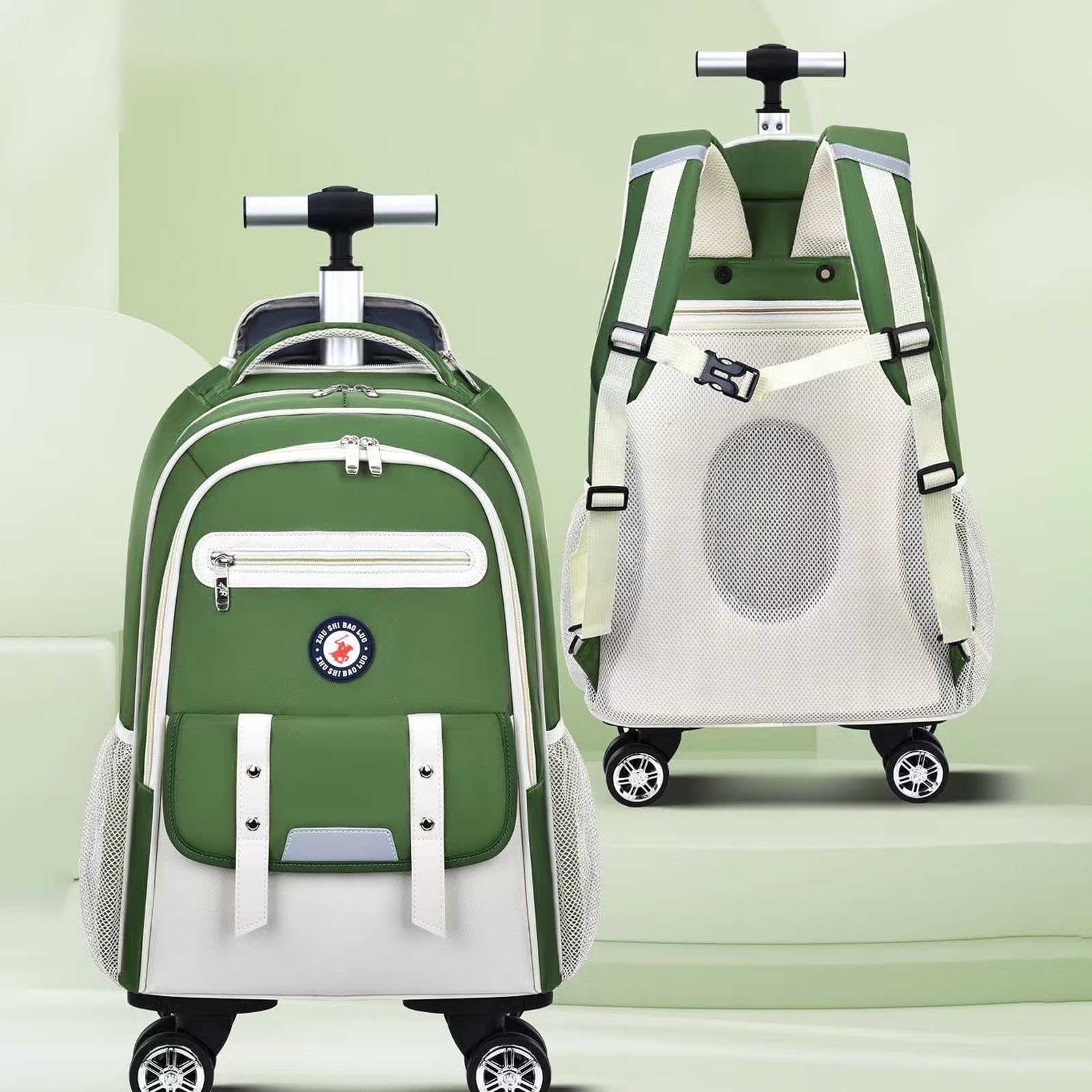 zaino con Rotelle Bambina Trolley Zainetto Asilo Scuola Elementare Primaria 18” a Media Elementare Carrello Ruote Valigia Cavalcabile per Bambini Rullo Girevole Verde