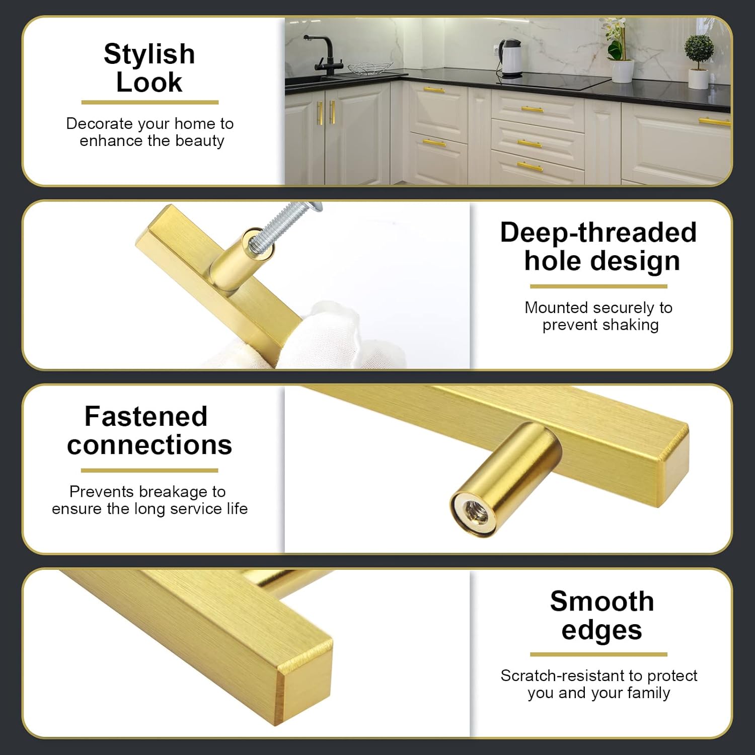 AEEKEL 30 Pack Cabinet Pulls 5" Length Brushed Brass Drawer Handles, 3" Hole Center Square Kitchen Cabinet Handles, Stainless Steel Cabinet Hardware for Bedroom Bathroom Office