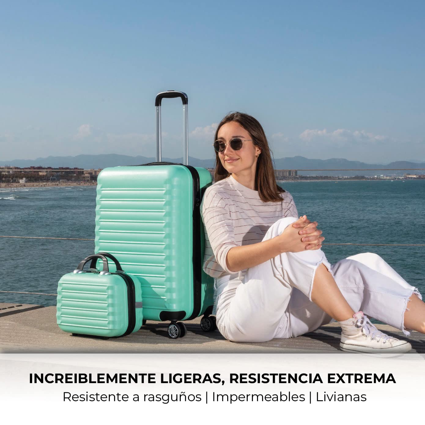 NUMADA-Juego de Maletas Rígidas 3pzs. Maleta Cabina 53cm, Maleta Mediana 63cm y Neceser. Set de Maletas de Viaje ABS Eco Friendly, 4 Ruedas Dobles, Resistentes, Ligeras y Seguras (Verde)