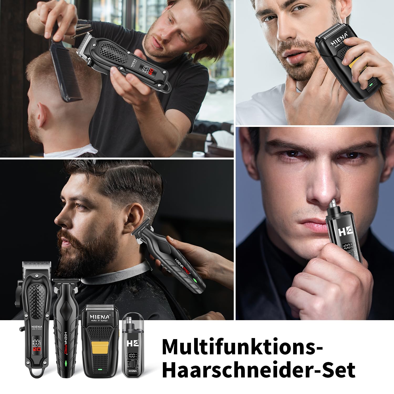 HIENA Professionelles Haarschneideset für Männer, Schnurloses Barbierschneideset und Trimmer Set, USB aufladbares elektrisches Barttrimmer & Nasenhaartrimmer Set, Folienrasierer & Männergesichtspflege